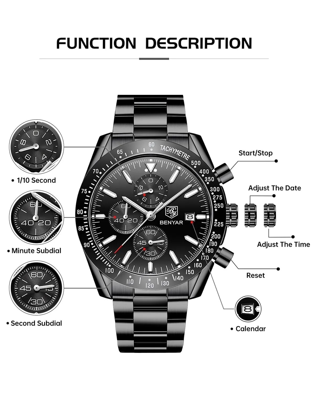BENYAR Orologio da Uomo Cronografo Analogico al Quarzo Impermeabile LWBY5140SBLKBLK, Cassa Nera Cinturino Nero - immagine 7