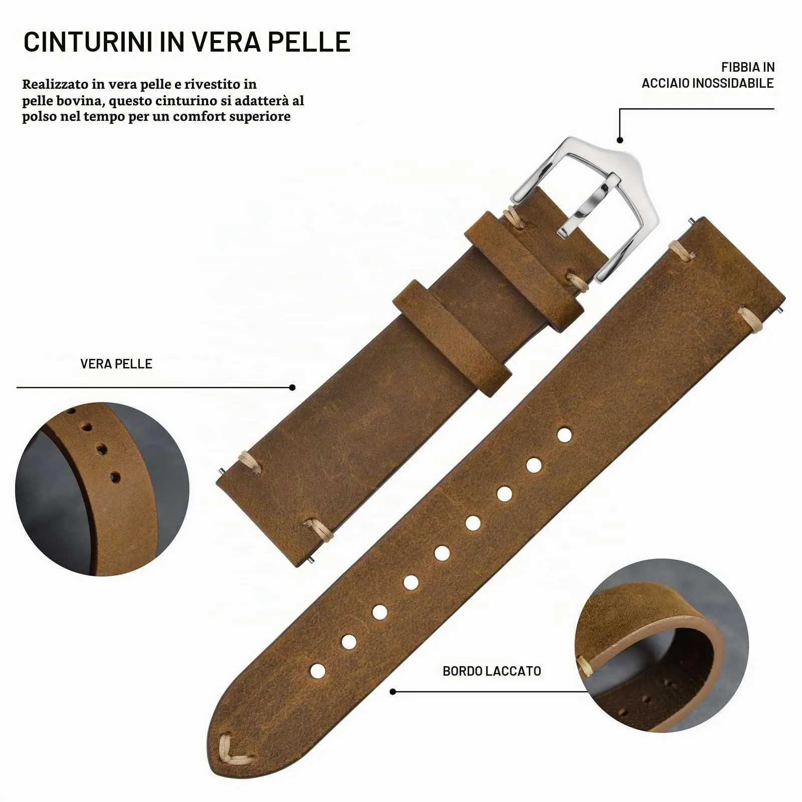 BISONSTRAP Cinturino in Pelle per Orologio da Uomo, Sgancio Rapido, 19mm, Marrone Sella con Fibbia Argento - immagine 4