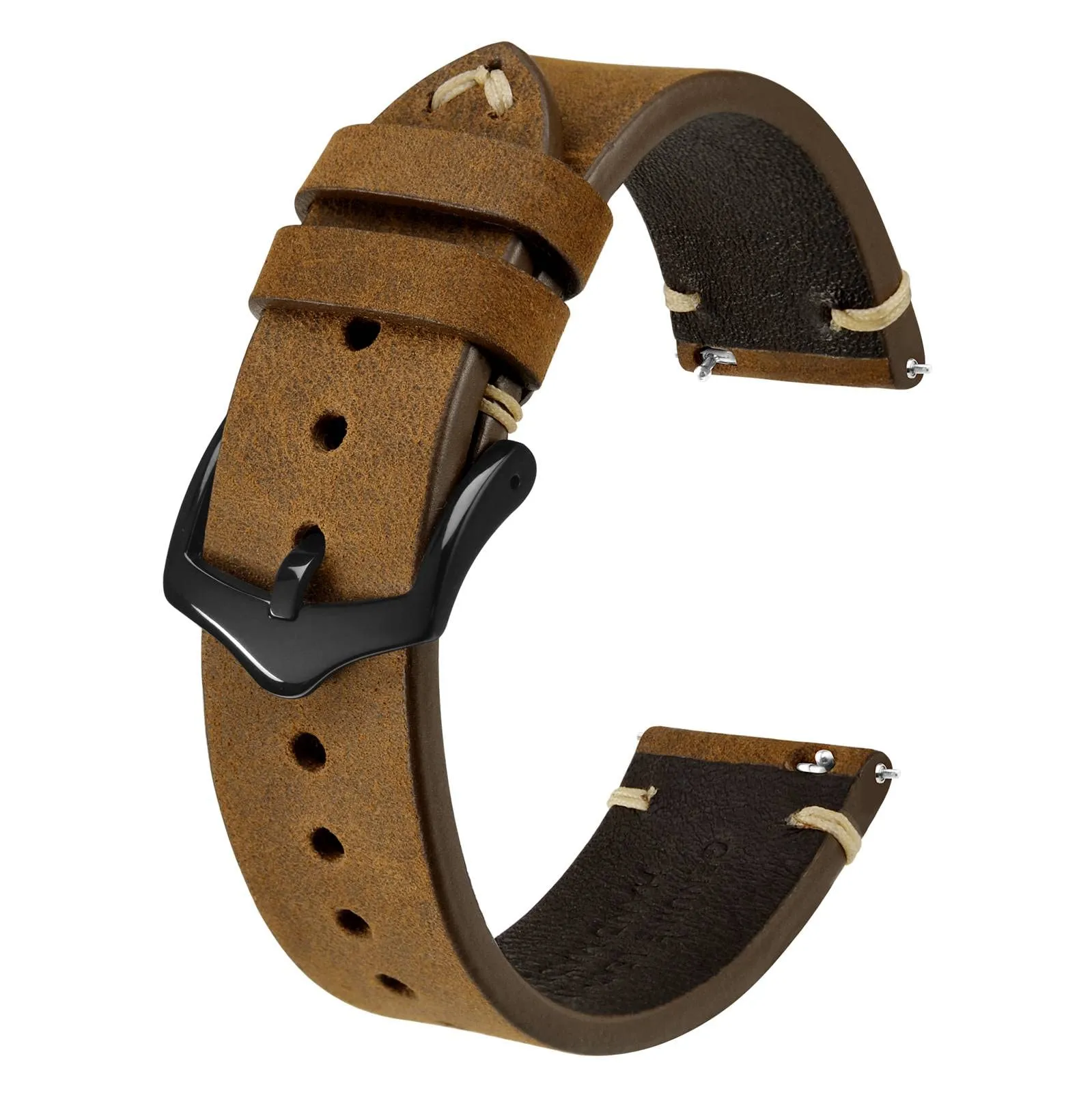 BISONSTRAP Cinturino in Pelle per Orologi da Uomo, Sgancio Rapido, 19mm, Marrone Sella con Fibbia Nera - immagine 1