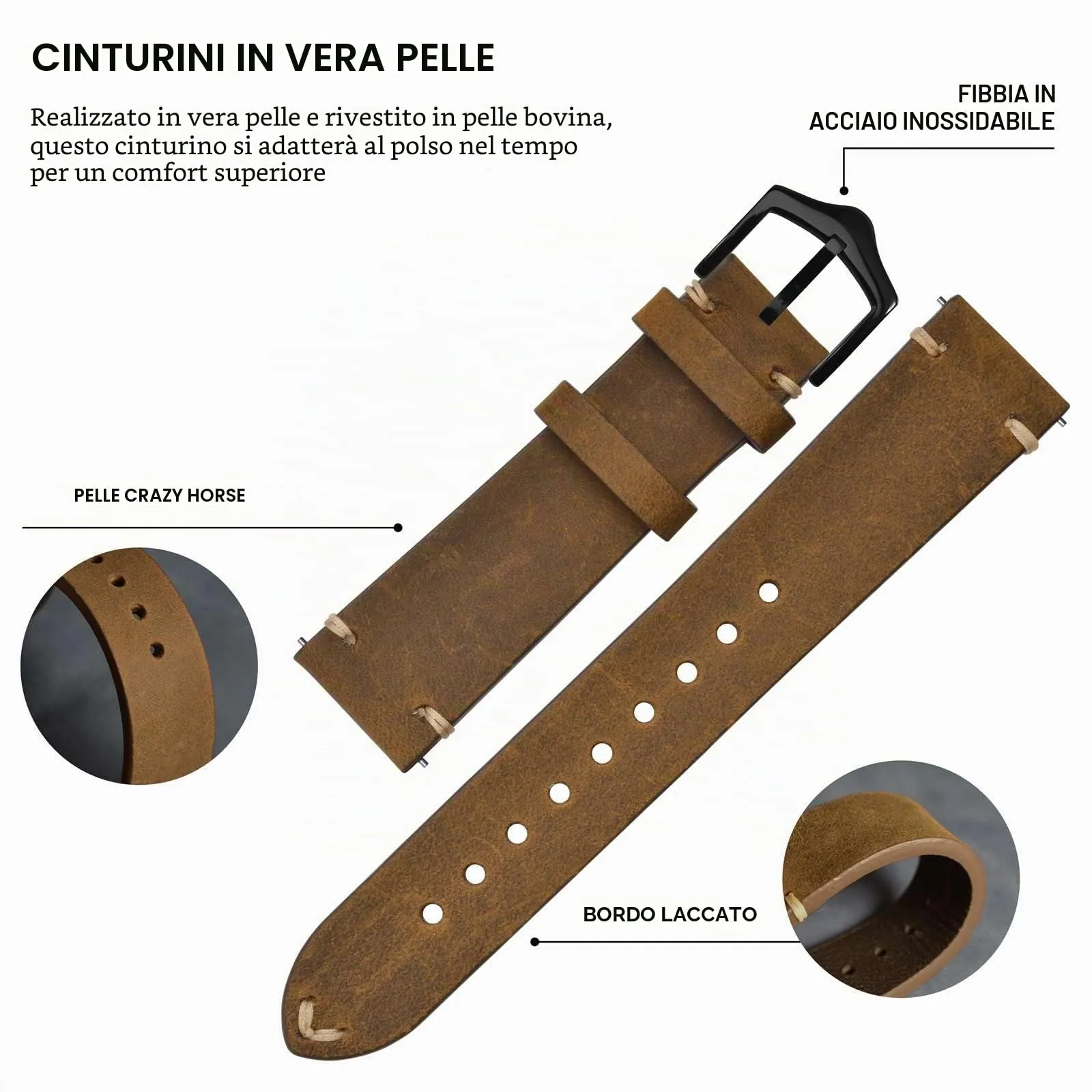 BISONSTRAP Cinturino in Pelle per Orologi da Uomo, Sgancio Rapido, 19mm, Marrone Sella con Fibbia Nera - immagine 4