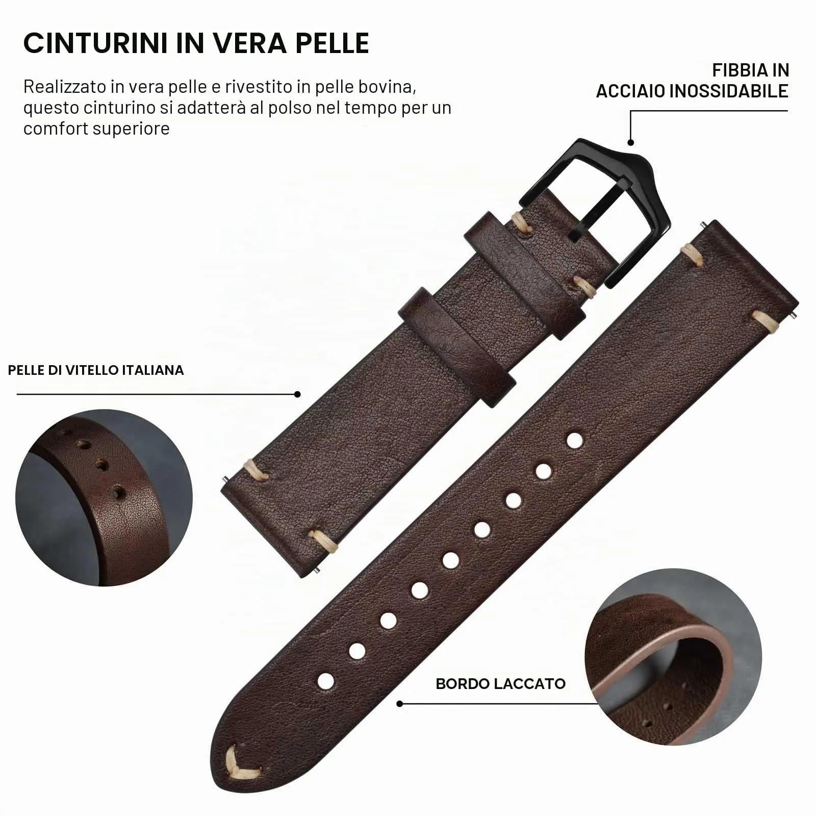 BISONSTRAP Cinturino in Pelle per Orologio Uomo, Sgancio Rapido, 21mm, Marrone Caffè con Fibbia Nera - immagine 4