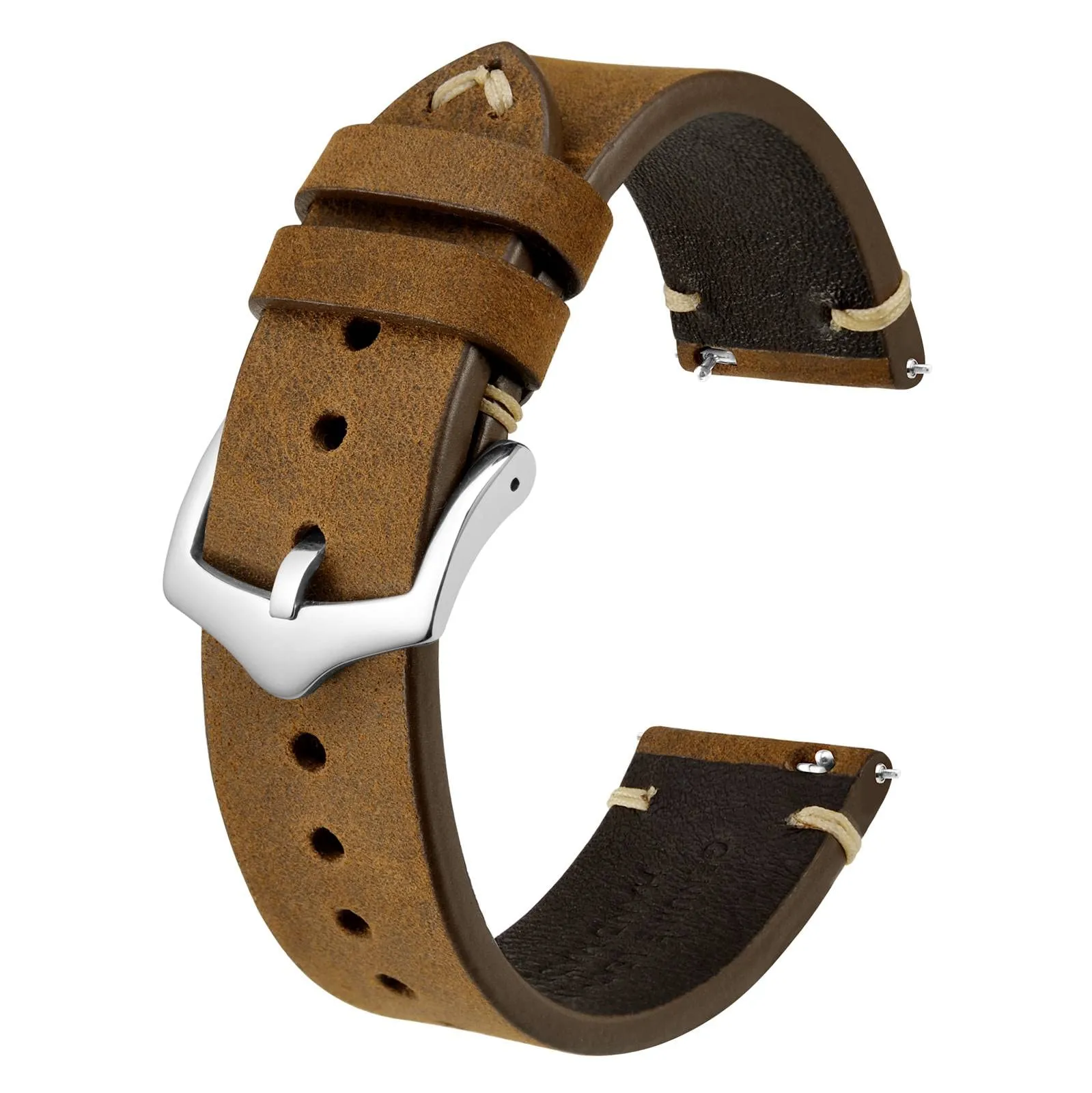 BISONSTRAP Cinturino in Pelle per Orologio da Uomo, 21mm, Marrone Sella con Fibbia Argento, Sgancio Rapido - immagine 1