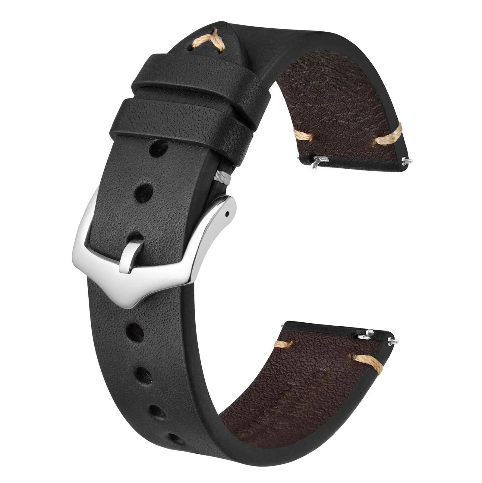BISONSTRAP Cinturino in Pelle per Orologio da Uomo, Sgancio Rapido, 21mm, Nero con Fibbia Argento - immagine 1