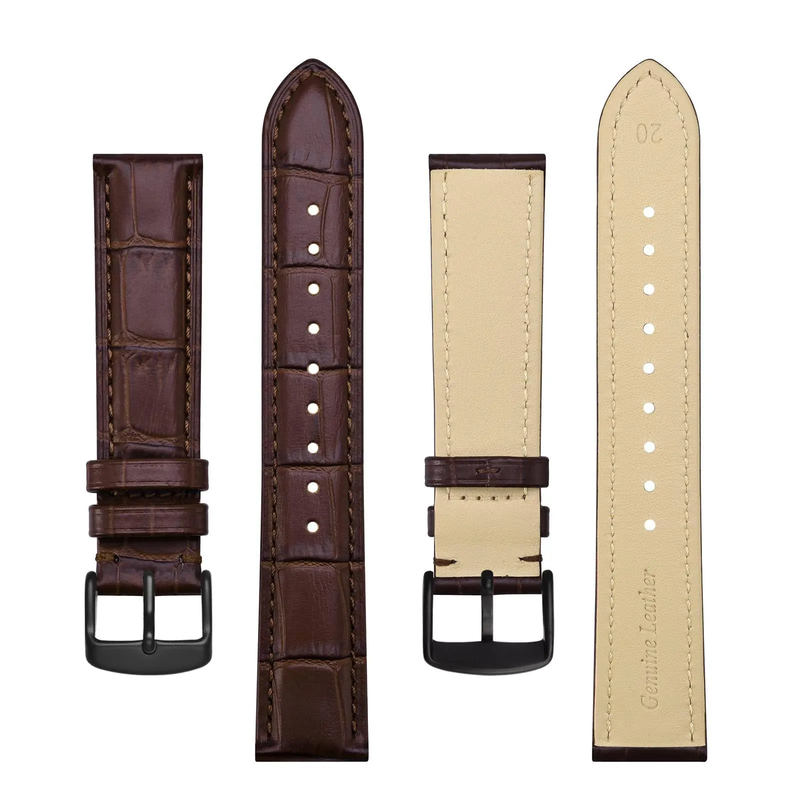 BISONSTRAP Cinturino in Pelle Goffrata Alligatore 24mm, Marrone Caffè con Fibbia Nera - immagine 3