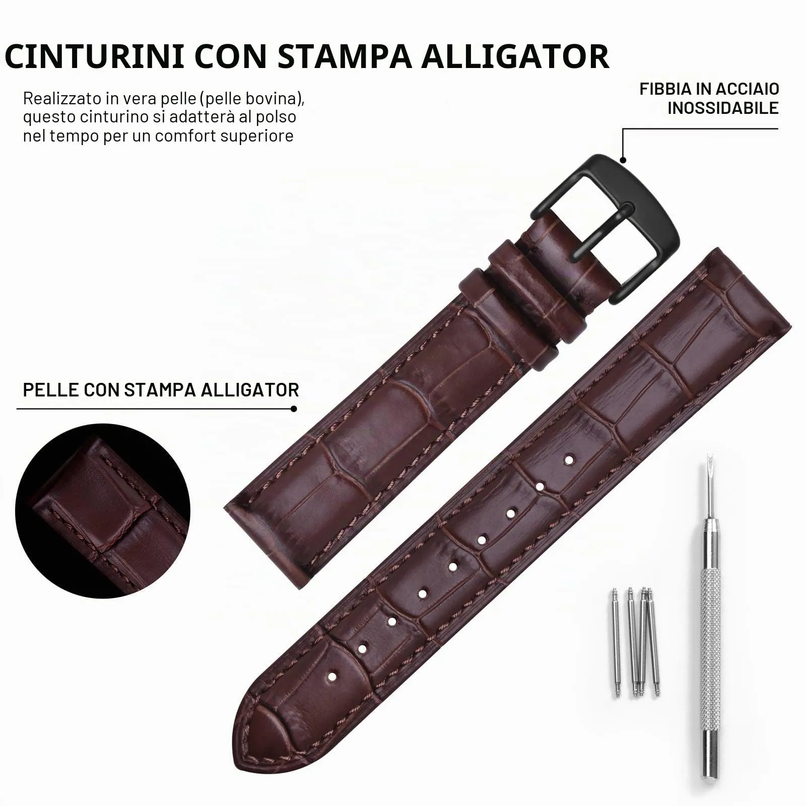 BISONSTRAP Cinturino in Pelle Goffrata Alligatore 24mm, Marrone Caffè con Fibbia Nera - immagine 4