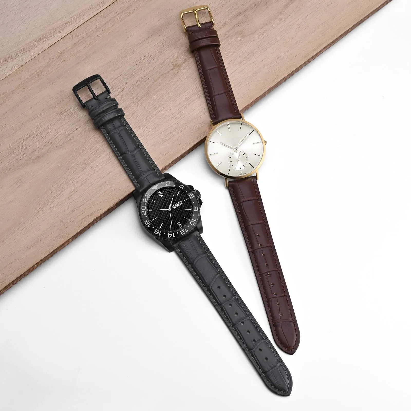 BISONSTRAP Cinturino in Pelle Goffrata Alligatore 24mm, Marrone Caffè con Fibbia Nera - immagine 7
