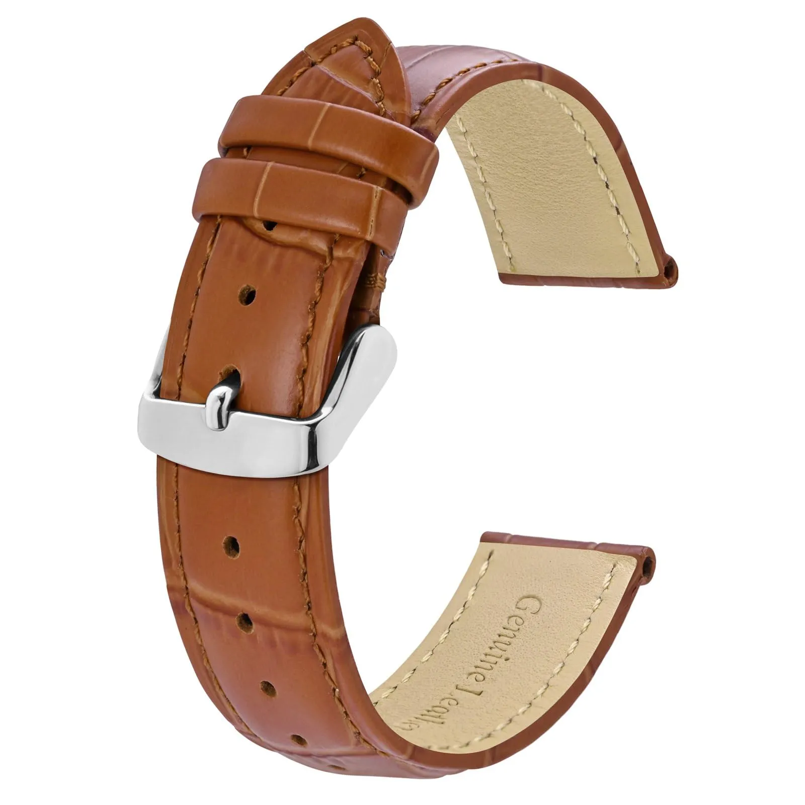BISONSTRAP Cinturino in Pelle Goffrata Alligatore 18mm, Marrone Toffee con Fibbia Argento - immagine 1