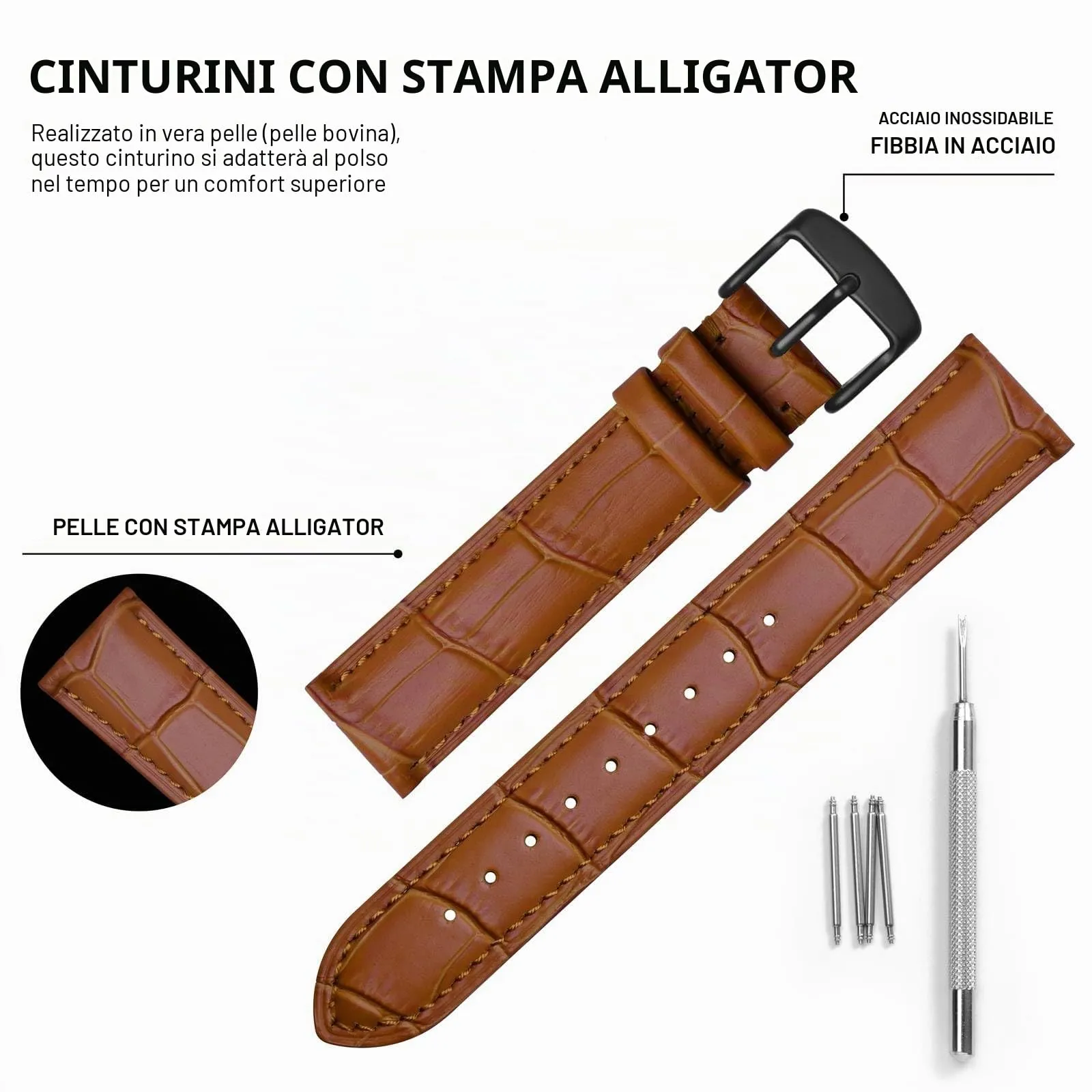 BISONSTRAP Cinturino per Orologi 20mm in Pelle Goffrata Alligatore, Marrone Toffee con Fibbia Nera - immagine 4
