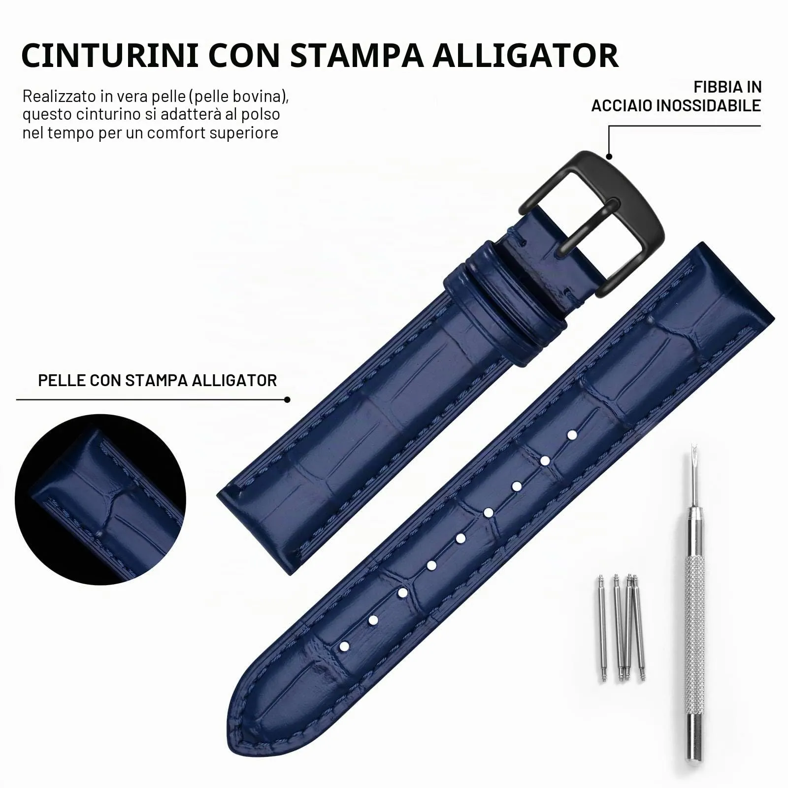 BISONSTRAP Cinturino per Orologi in Pelle Goffrata Alligatore, 22mm, Blu con Fibbia Nera - immagine 4
