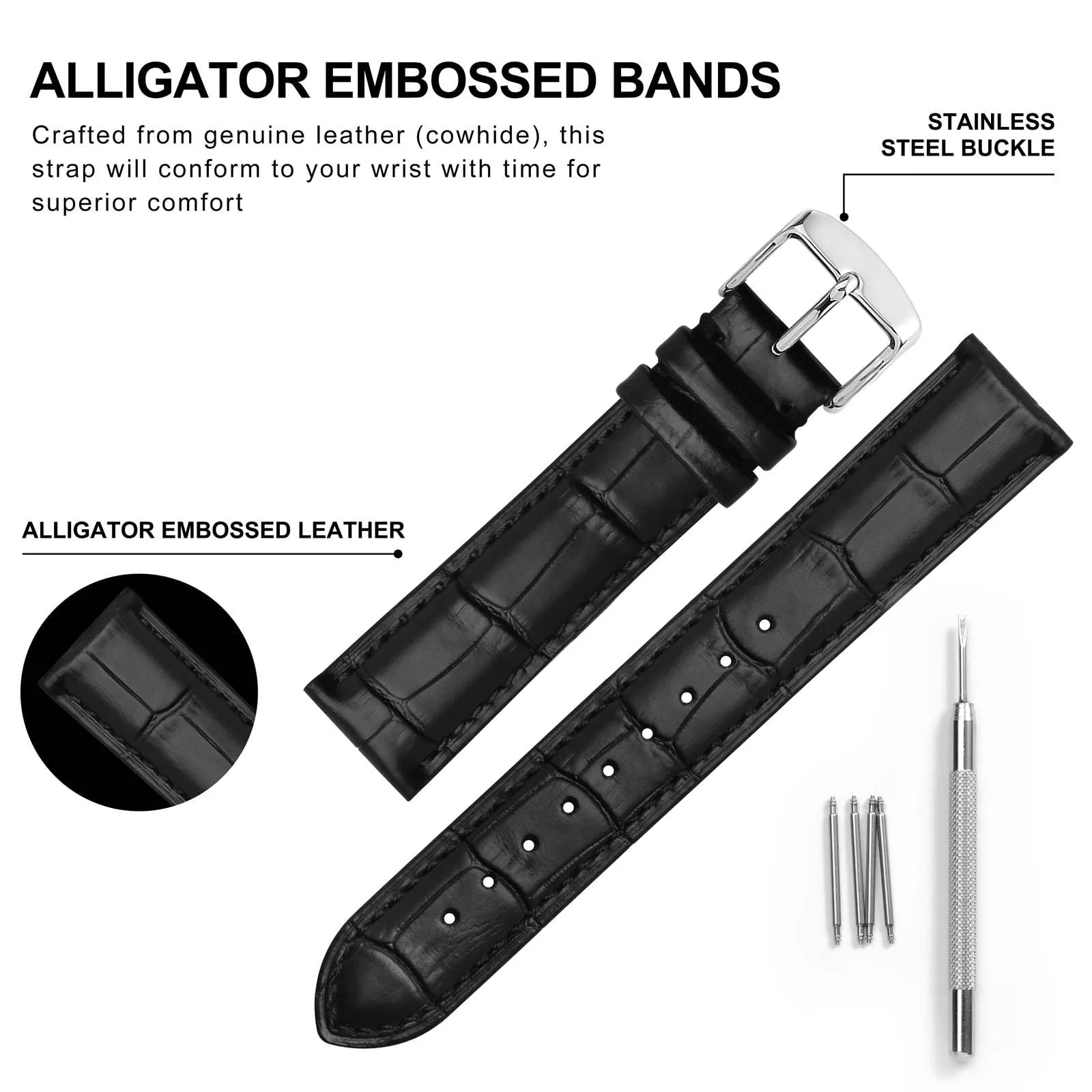 BISONSTRAP Cinturino per Orologi 20mm in Pelle Goffrata Alligatore, Nero con Fibbia Argento - immagine 4