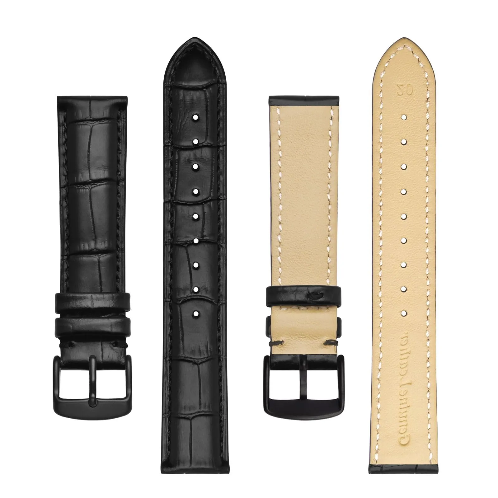BISONSTRAP Cinturino per Orologi in Pelle Goffrata Alligatore, 22mm, Nero con Fibbia Nera - immagine 3
