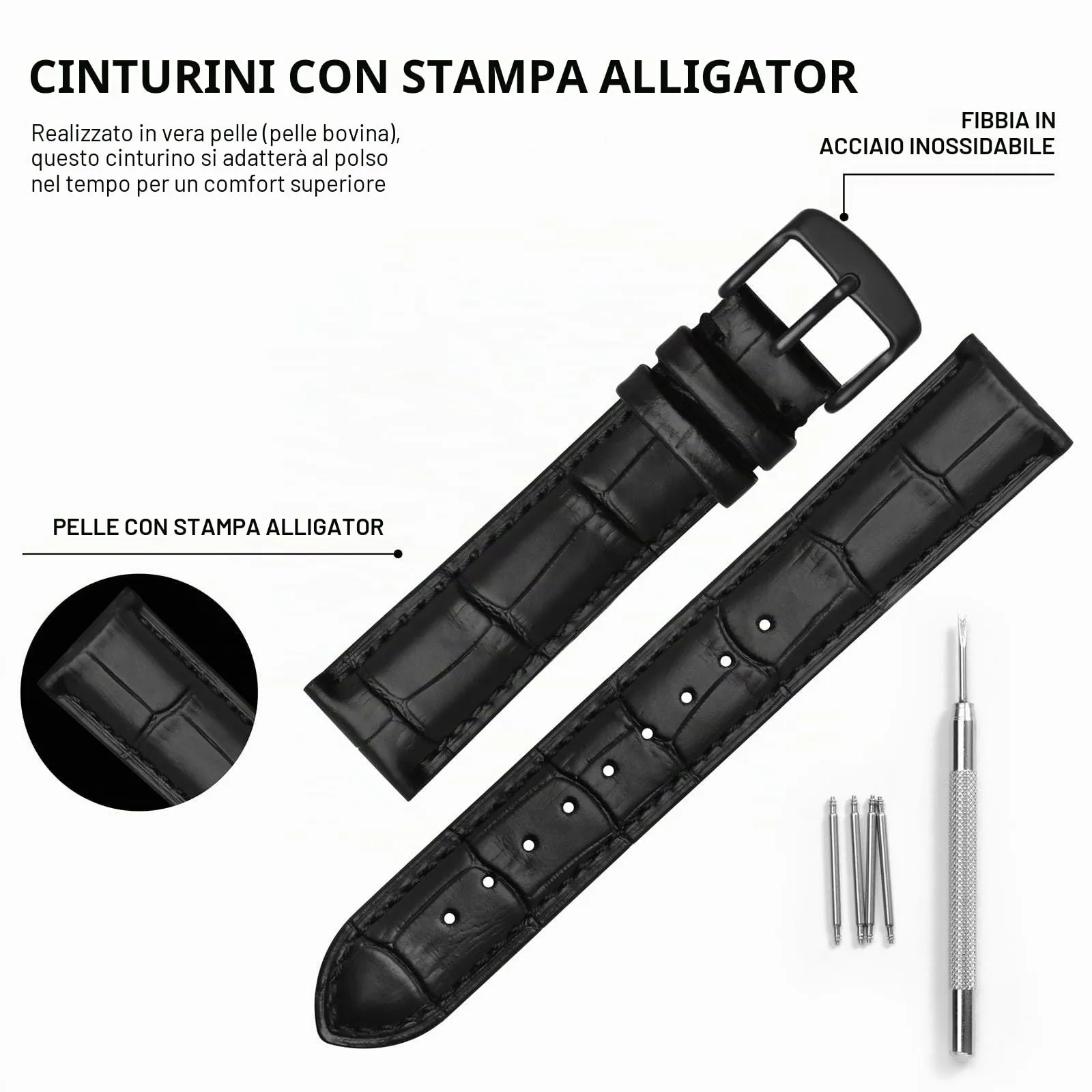 BISONSTRAP Cinturino per Orologi in Pelle Goffrata Alligatore, 22mm, Nero con Fibbia Nera - immagine 4
