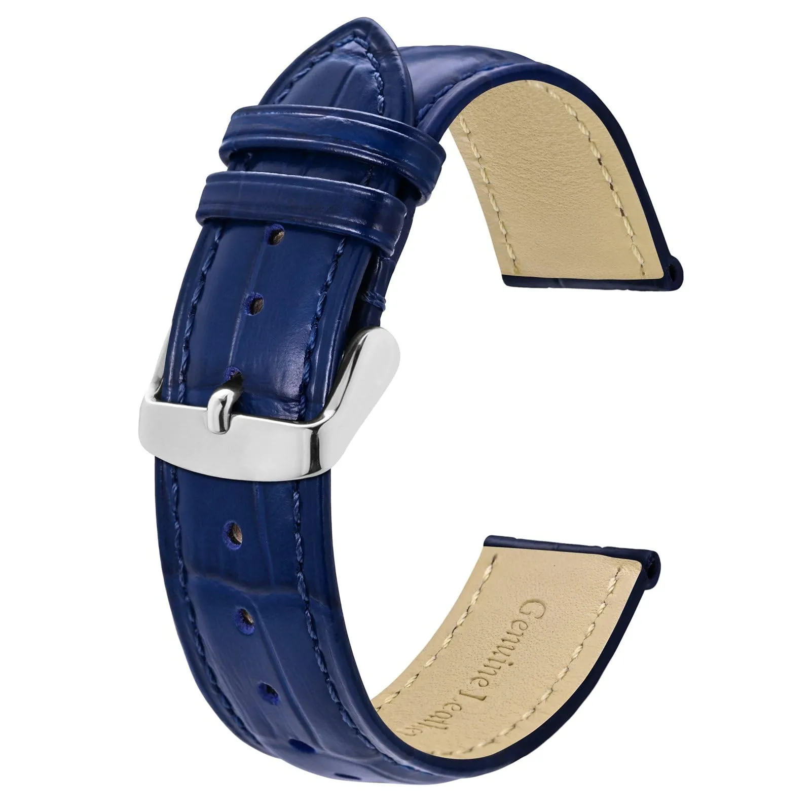 BISONSTRAP Cinturino per Orologi in Pelle Goffrata Alligatore, 24mm, Blu con Fibbia Argento - immagine 1