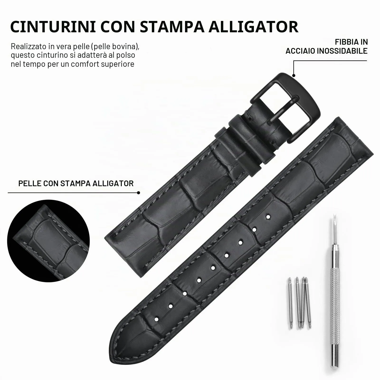 BISONSTRAP Cinturino per Orologi 20mm in Pelle Goffrata Alligatore, Grigio Scuro con Fibbia Nera - immagine 4
