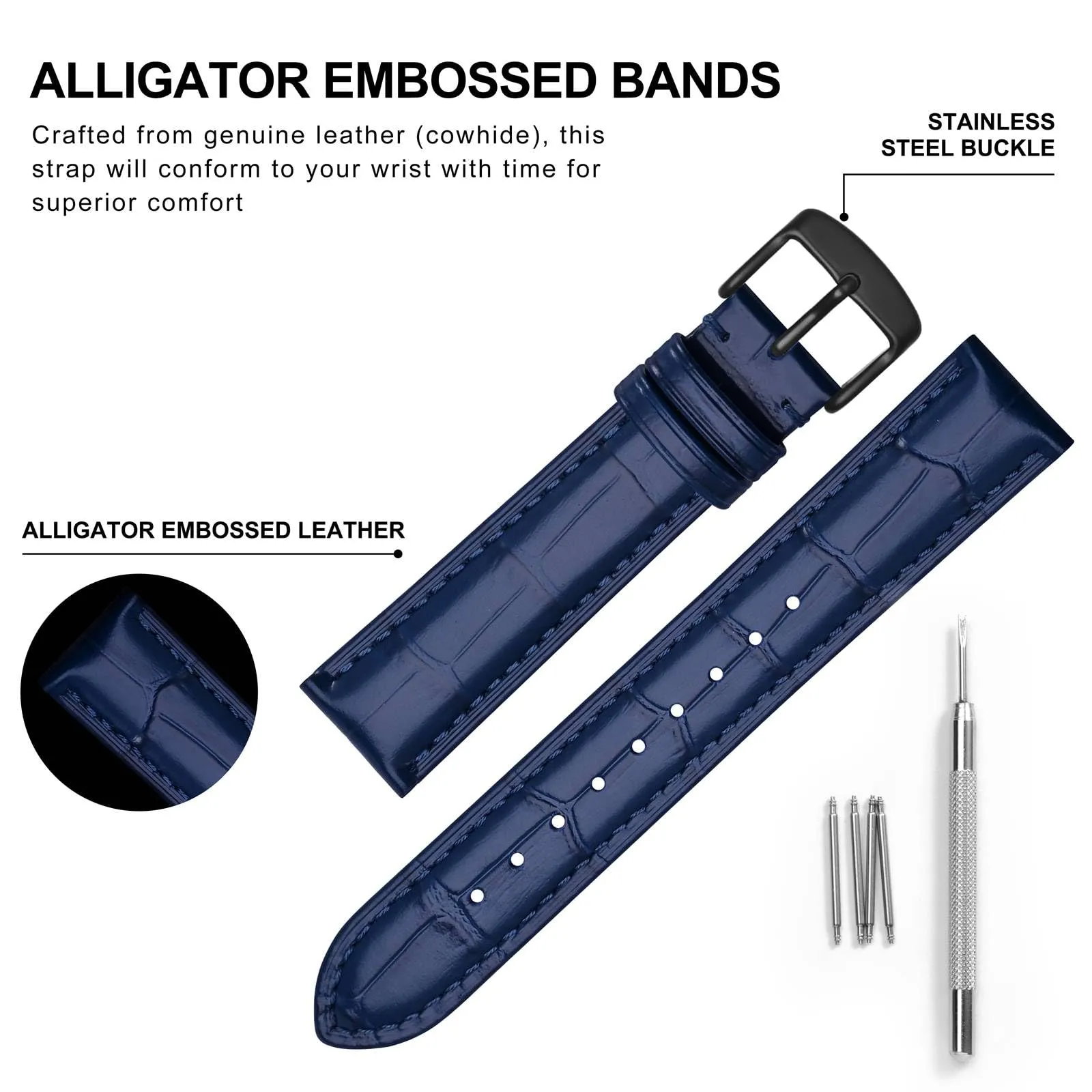 BISONSTRAP Cinturino per Orologi in Pelle Goffrata Alligatore, 24mm, Blu con Fibbia Nera - immagine 4