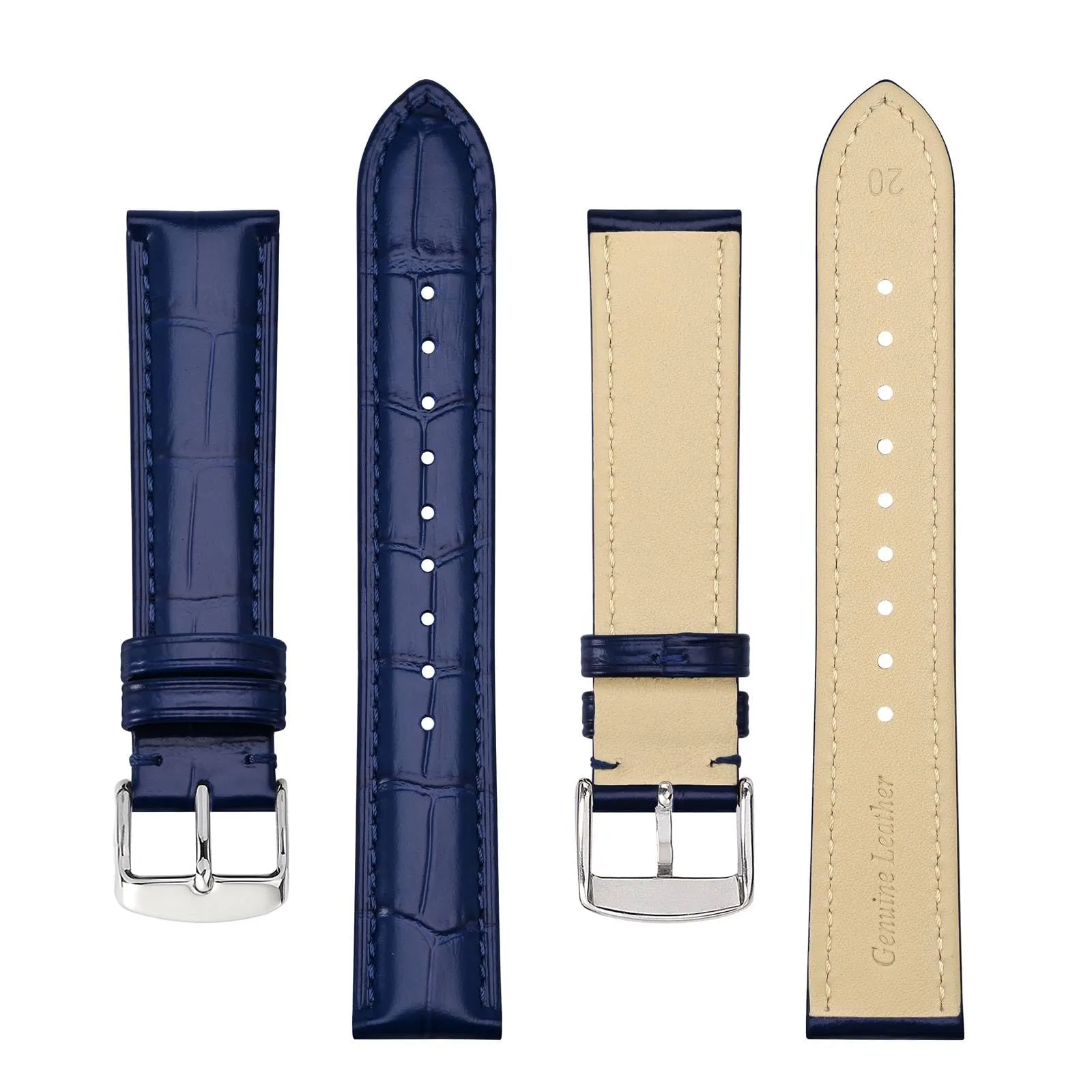BISONSTRAP Cinturino per Orologi in Pelle Goffrata Alligatore, 20mm, Blu con Fibbia Argento - immagine 3