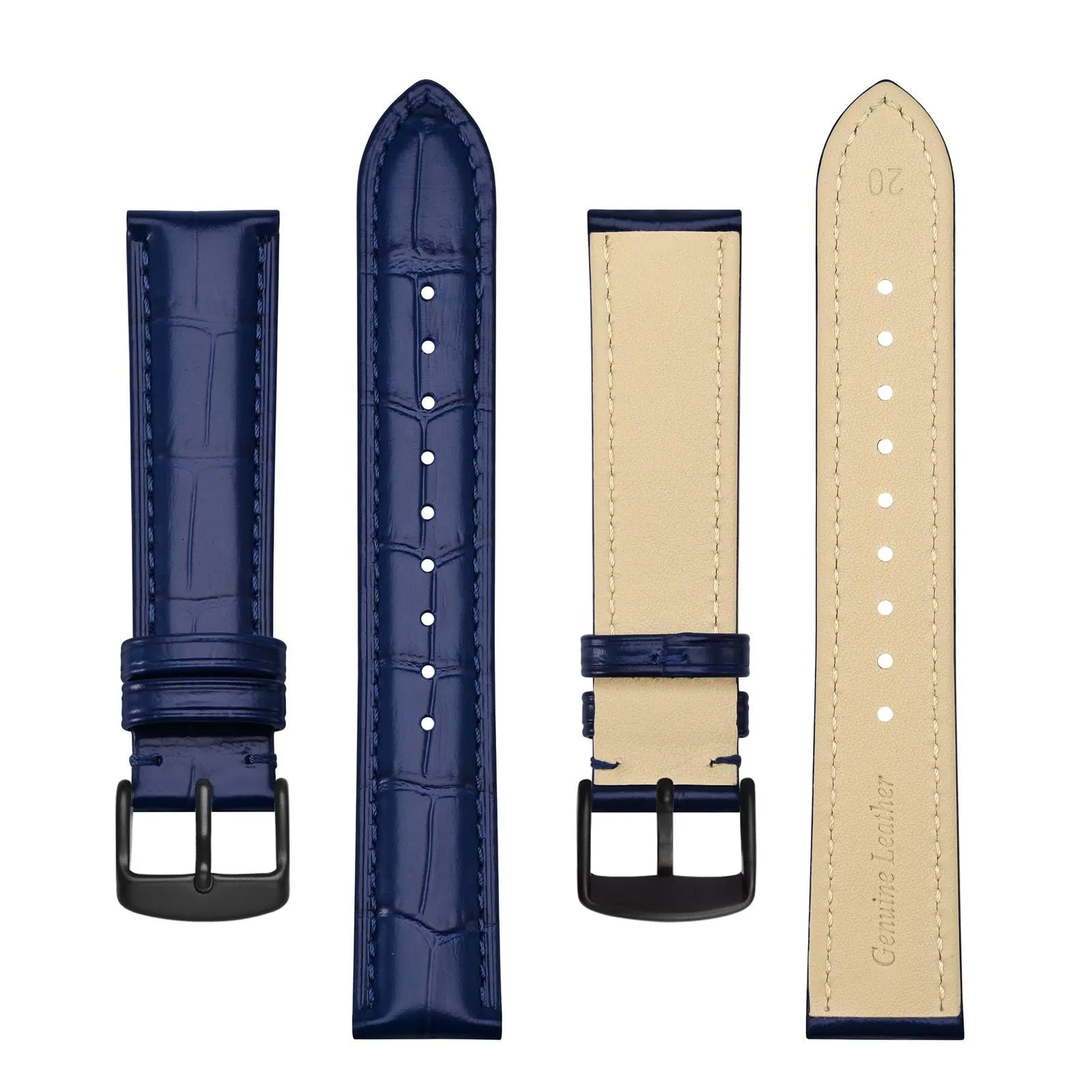 BISONSTRAP Cinturino in Pelle Goffrata Alligatore 18mm, Blu con Fibbia Nera - immagine 3