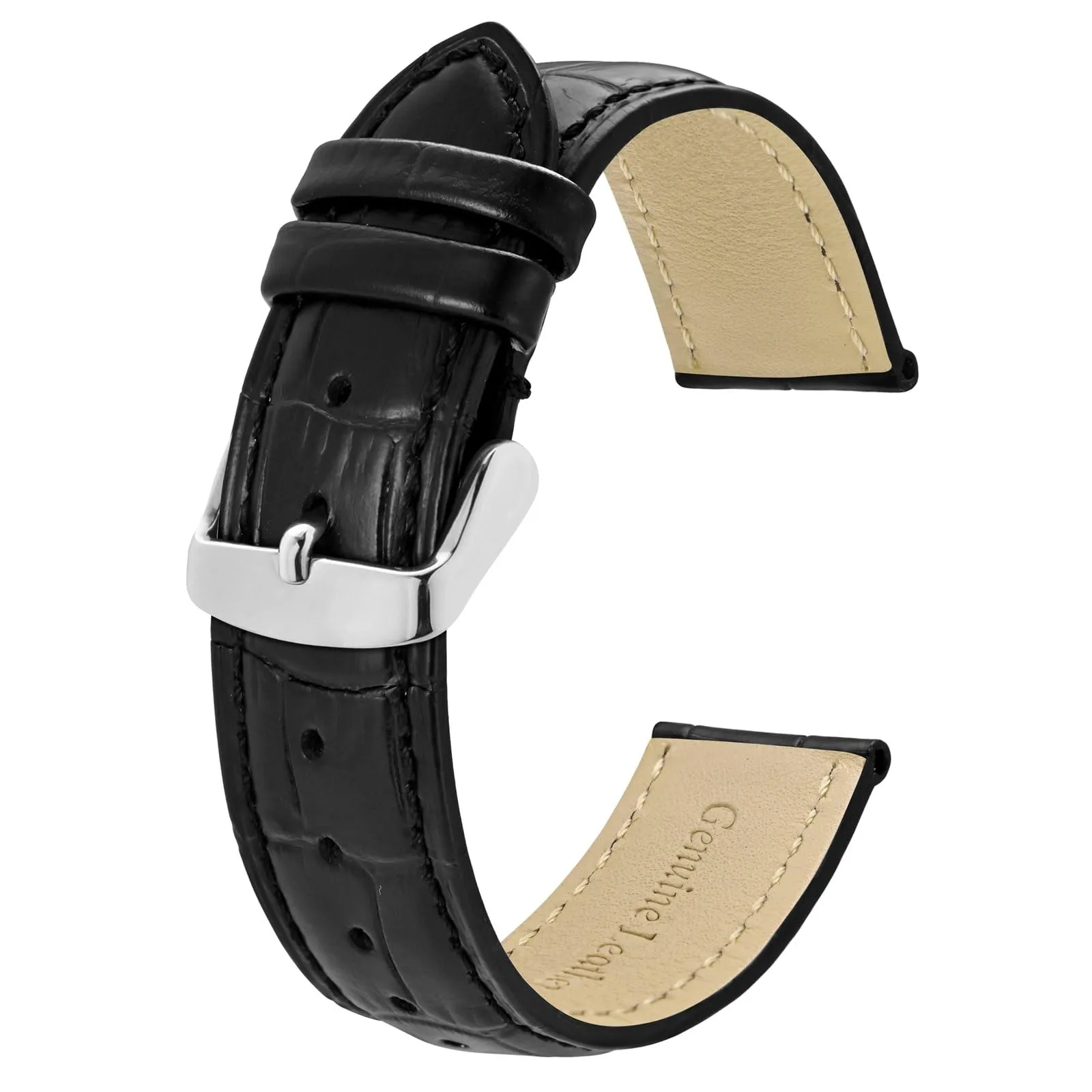 BISONSTRAP Cinturino per Orologi in Pelle Goffrata Alligatore 18mm, Nero con Fibbia Argento - immagine 1