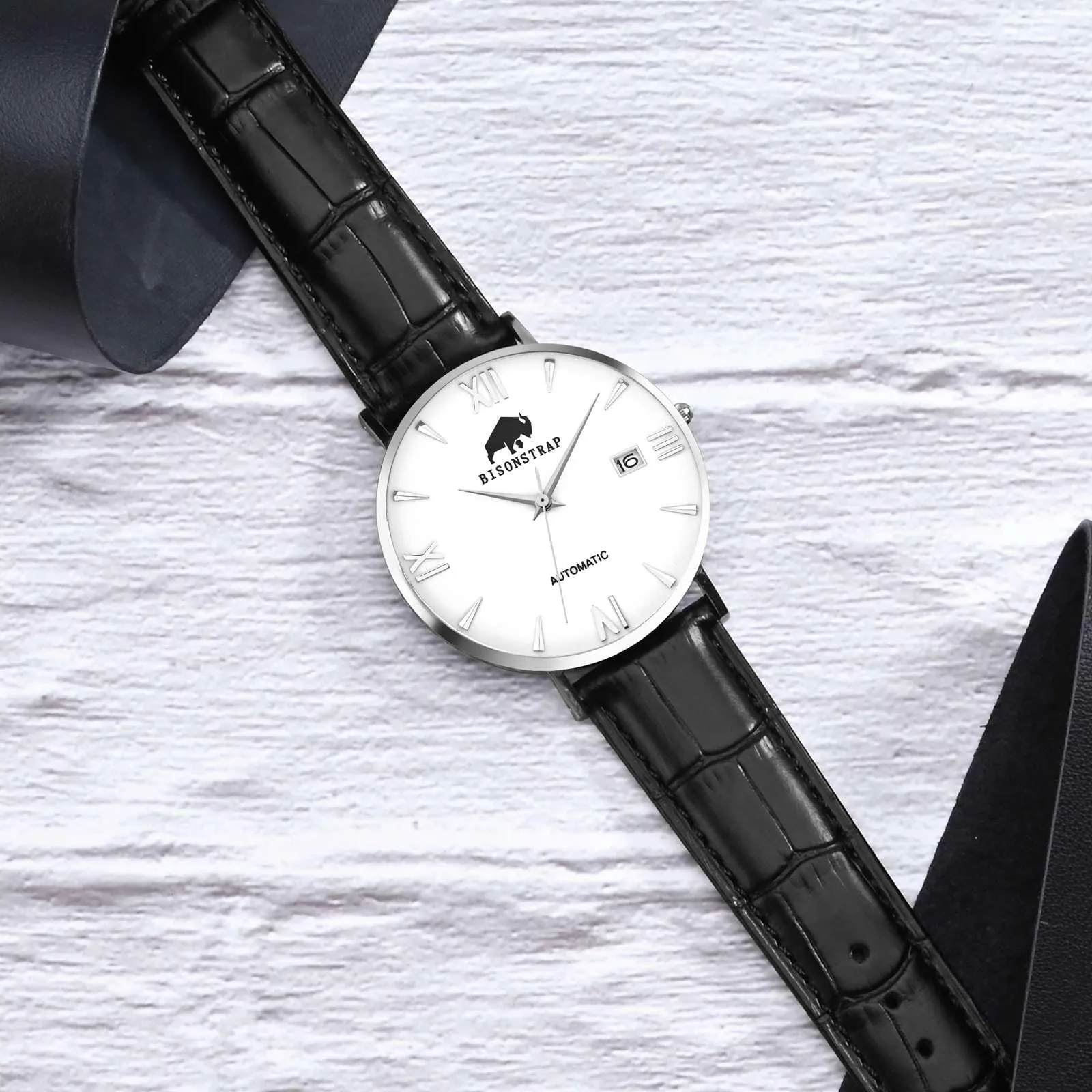 BISONSTRAP Cinturino per Orologi in Pelle Goffrata Alligatore 18mm, Nero con Fibbia Argento - immagine 2