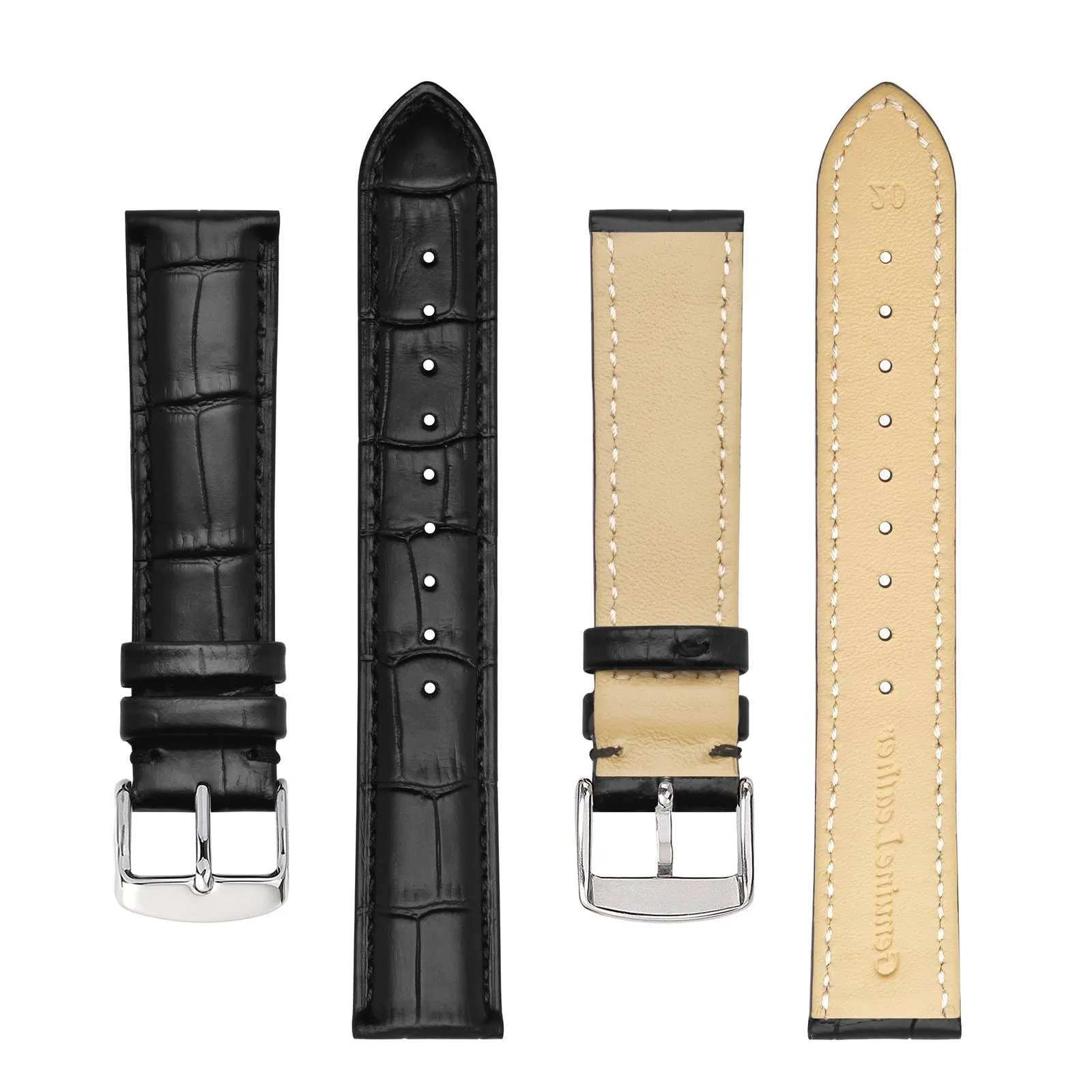 BISONSTRAP Cinturino per Orologi in Pelle Goffrata Alligatore 18mm, Nero con Fibbia Argento - immagine 3