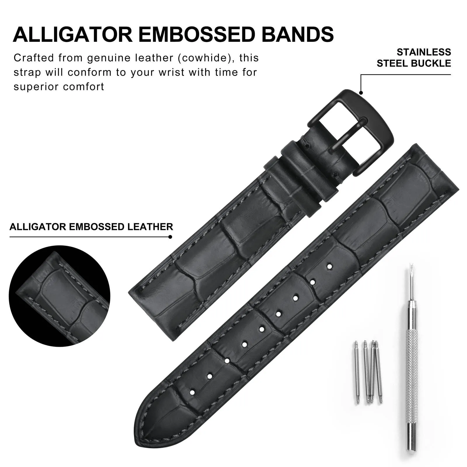 BISONSTRAP Cinturino per Orologi in Pelle Goffrata Alligatore, 24mm, Grigio Scuro con Fibbia Nera - immagine 4