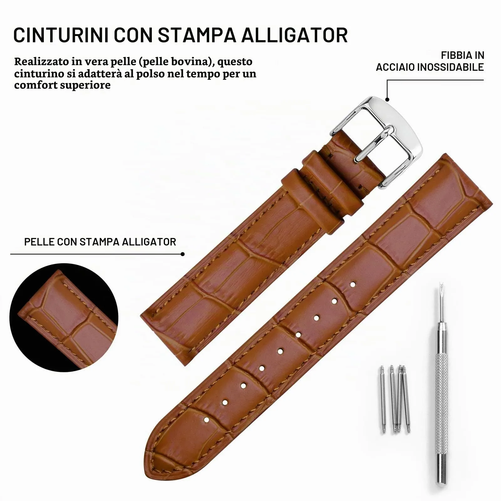 BISONSTRAP Cinturino per Orologi 22mm in Pelle Goffrata Alligatore, Marrone Toffee con Fibbia Argento - immagine 4