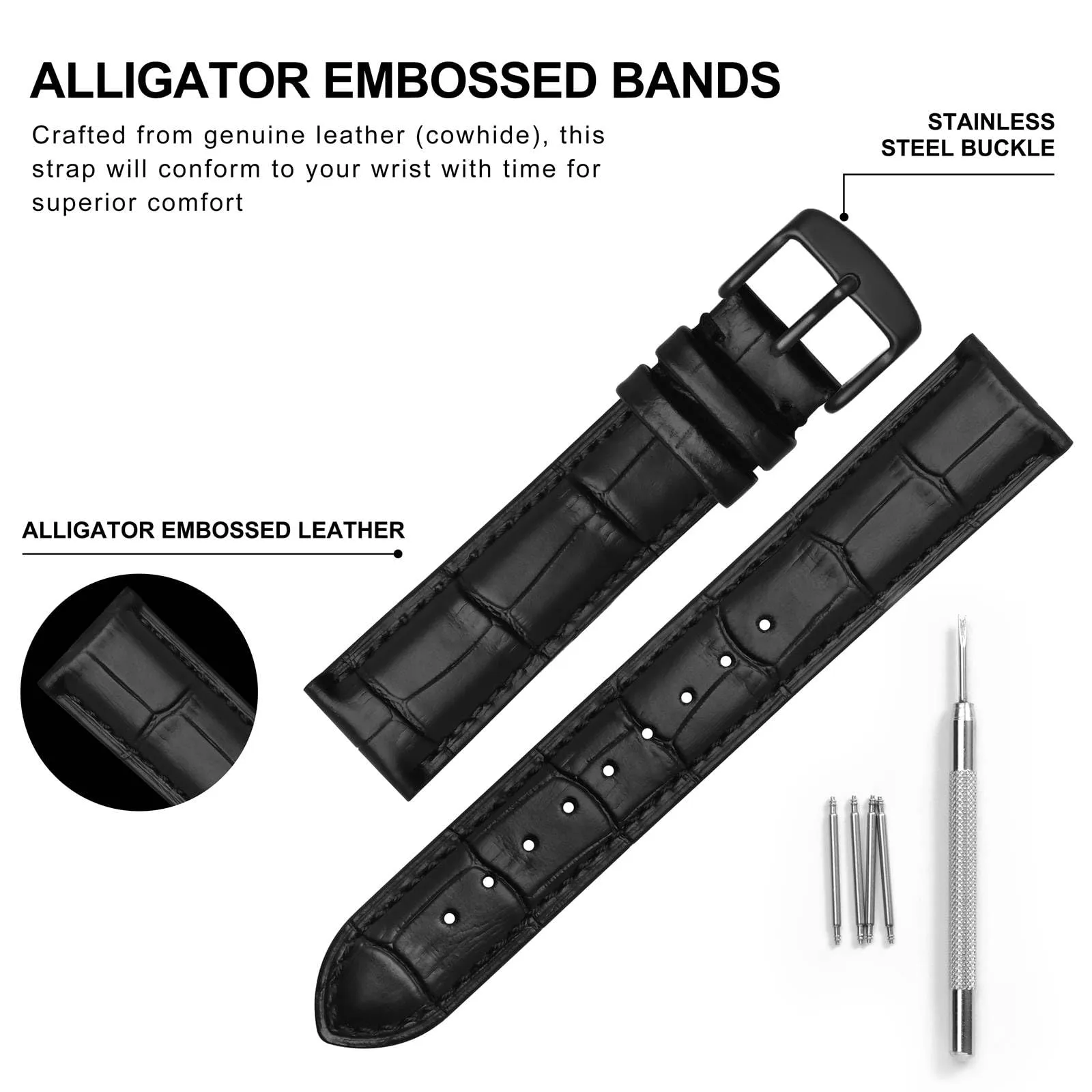 BISONSTRAP Cinturino per Orologi 26mm in Pelle Goffrata Alligatore, Nero con Fibbia Nera - immagine 4