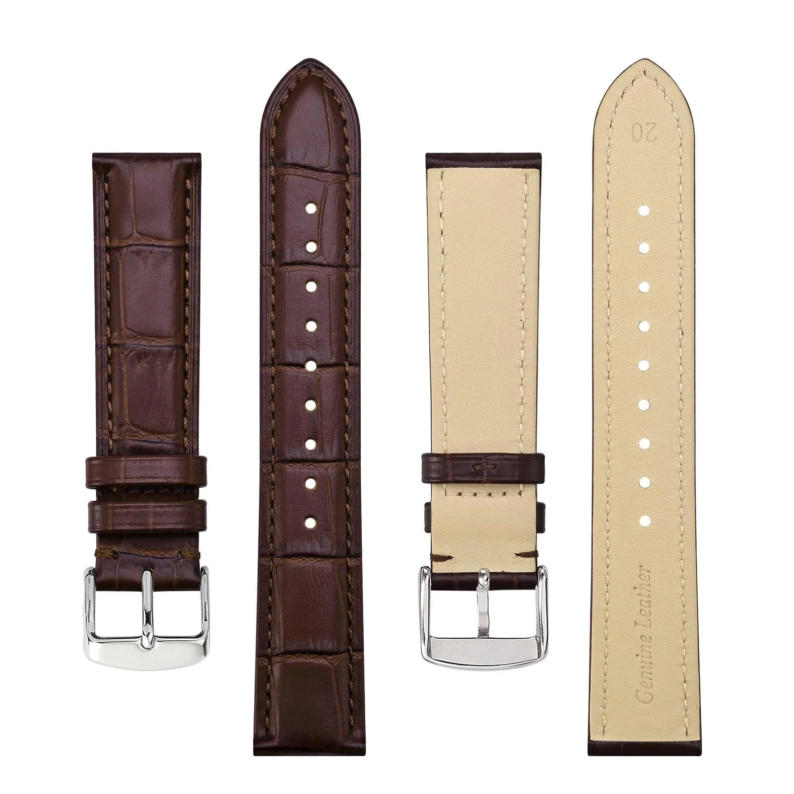 BISONSTRAP Cinturino per Orologi 20mm in Pelle Goffrata Alligatore, Marrone Caffè con Fibbia Argento - immagine 3