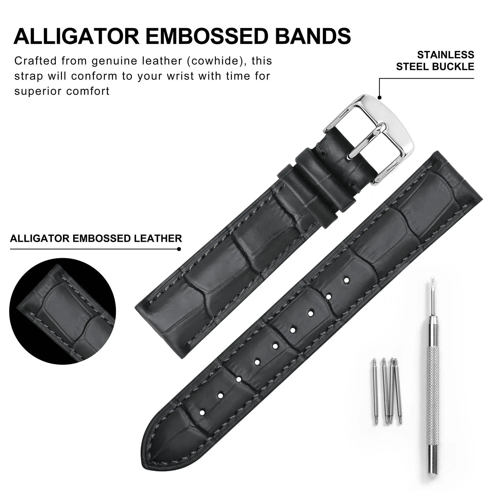 BISONSTRAP Cinturino in Pelle Goffrata Alligatore 24mm, Grigio Scuro con Fibbia Argento - immagine 4