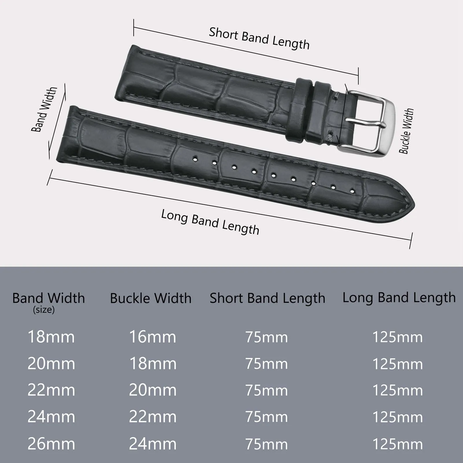 BISONSTRAP Cinturino in Pelle Goffrata Alligatore 24mm, Grigio Scuro con Fibbia Argento - immagine 5