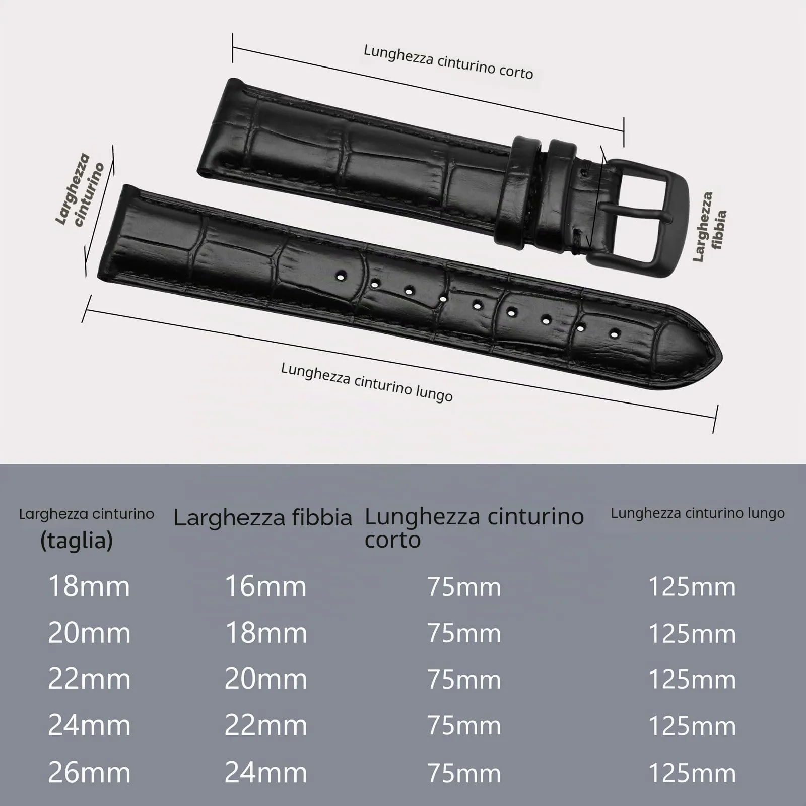 BISONSTRAP Cinturino in Pelle Goffrata Alligatore 20mm, Nero con Fibbia Nera - immagine 5