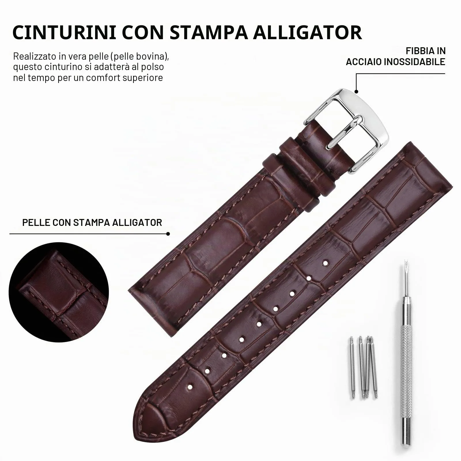 BISONSTRAP Cinturino per Orologi in Pelle Goffrata Alligatore 26mm, Marrone Caffè con Fibbia Argento - immagine 4