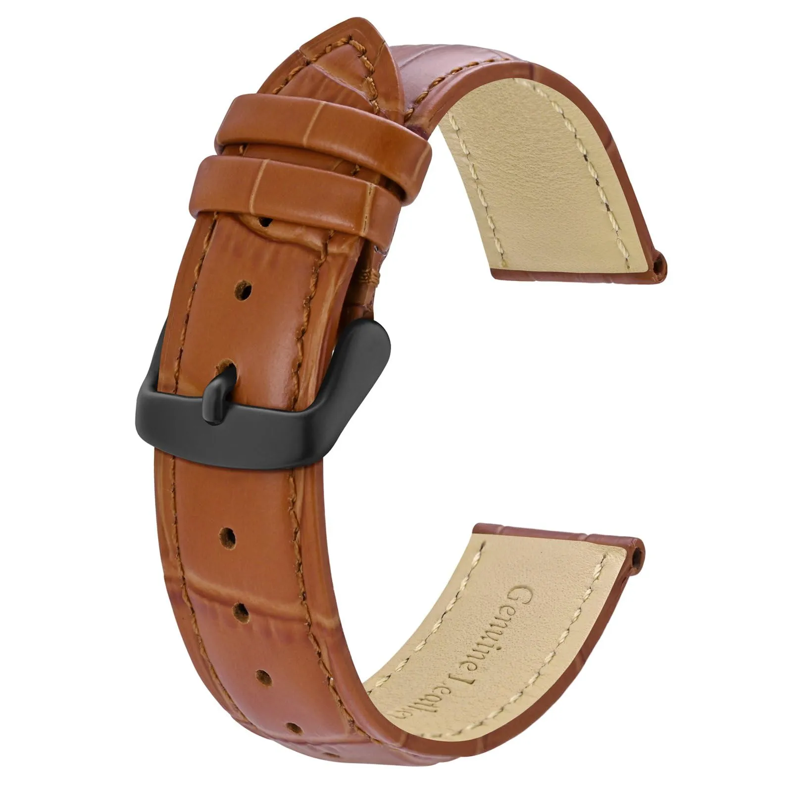 BISONSTRAP Cinturino in Pelle Goffrata Alligatore 24mm, Marrone Toffee con Fibbia Nera - immagine 1