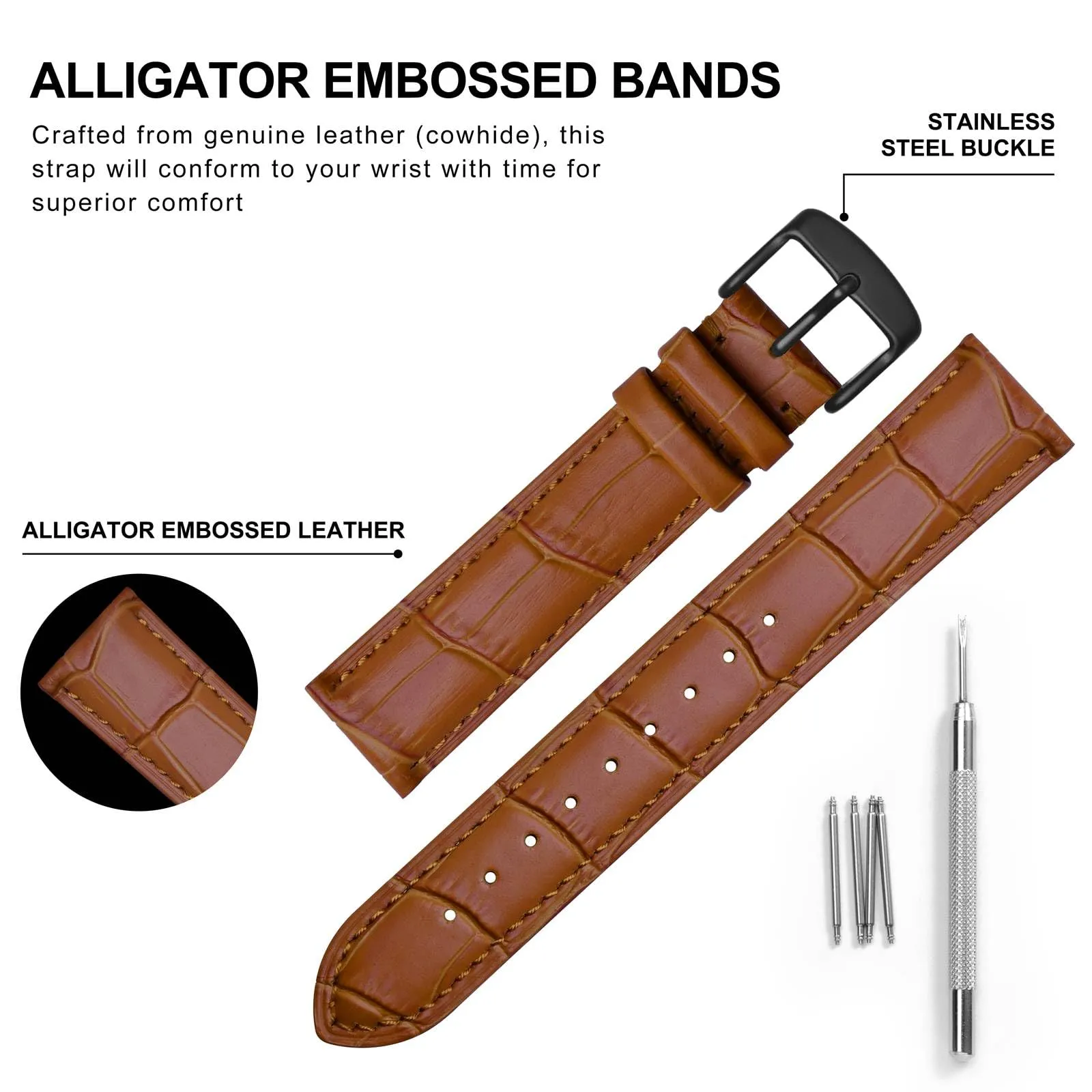 BISONSTRAP Cinturino in Pelle Goffrata Alligatore 24mm, Marrone Toffee con Fibbia Nera - immagine 4