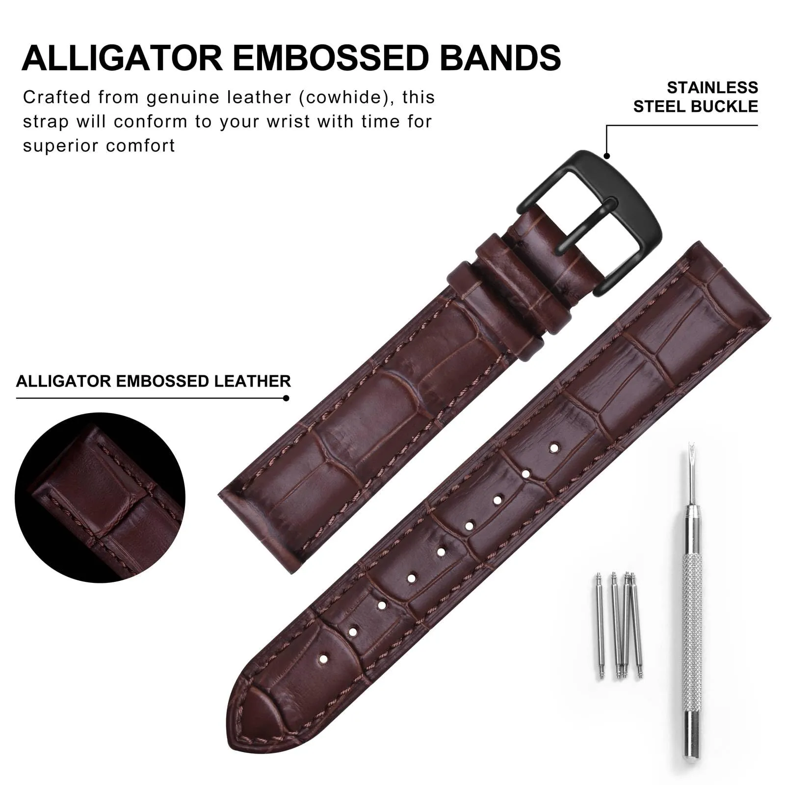 BISONSTRAP Cinturino per Orologi in Pelle Goffrata Alligatore 26mm, Marrone Caffè con Fibbia Nera - immagine 4