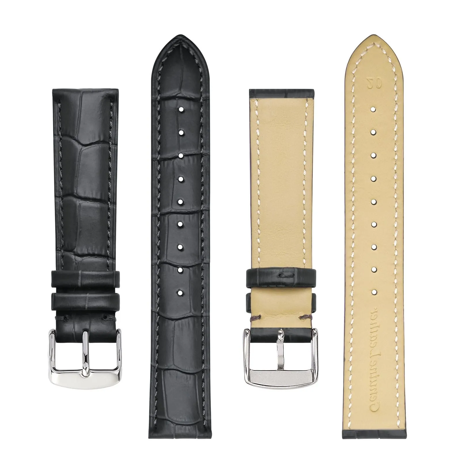 BISONSTRAP Cinturino in Pelle Goffrata Alligatore 18mm, Grigio Scuro con Fibbia Argento - immagine 3