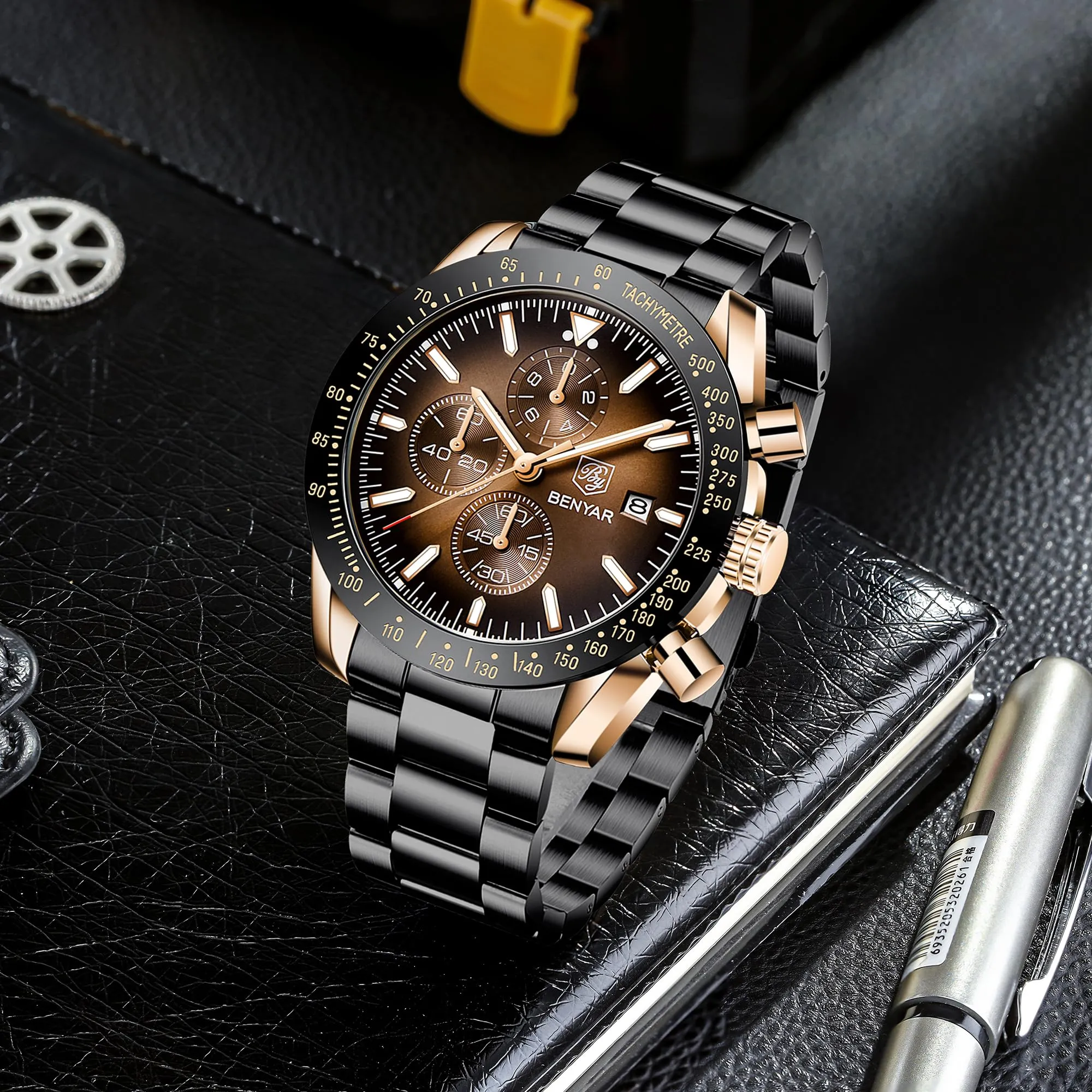 BENYAR 5140 Orologio da Uomo Cronografo Analogico al Quarzo Impermeabile, Marrone-2 - immagine 4