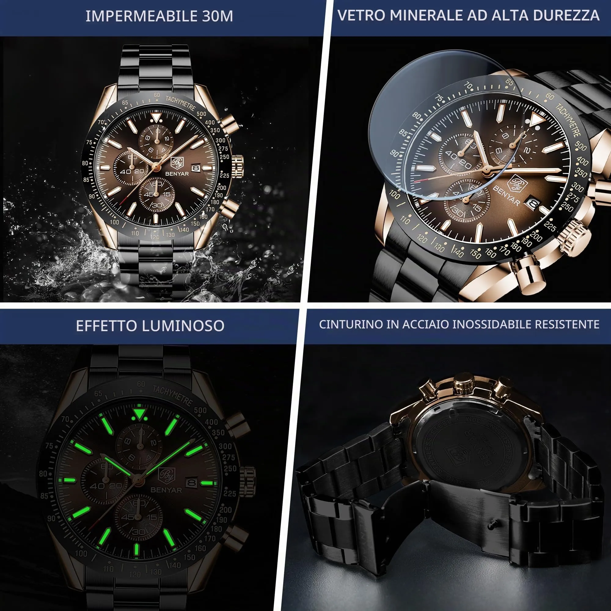 BENYAR 5140 Orologio da Uomo Cronografo Analogico al Quarzo Impermeabile, Marrone-2 - immagine 5