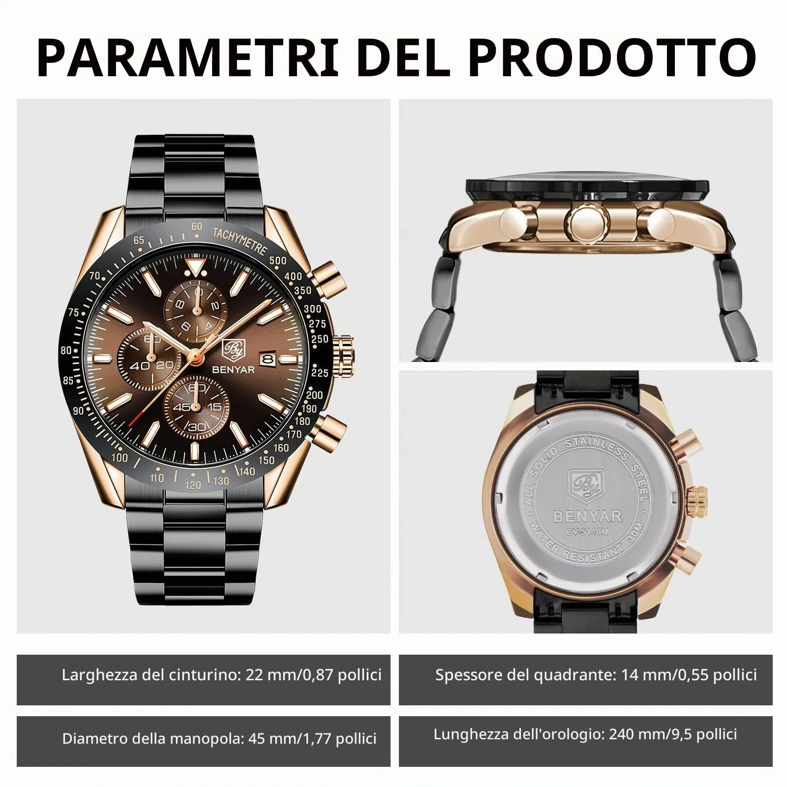 BENYAR 5140 Orologio da Uomo Cronografo Analogico al Quarzo Impermeabile, Marrone-2 - immagine 6