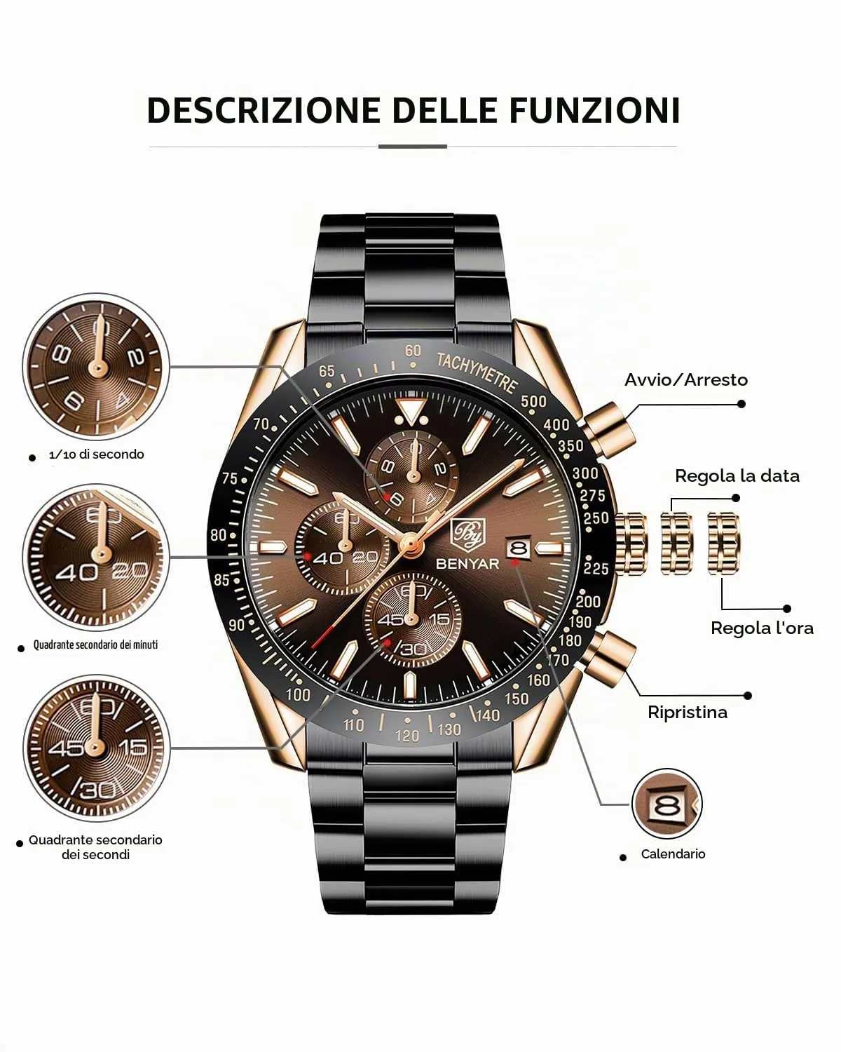 BENYAR 5140 Orologio da Uomo Cronografo Analogico al Quarzo Impermeabile, Marrone-2 - immagine 7