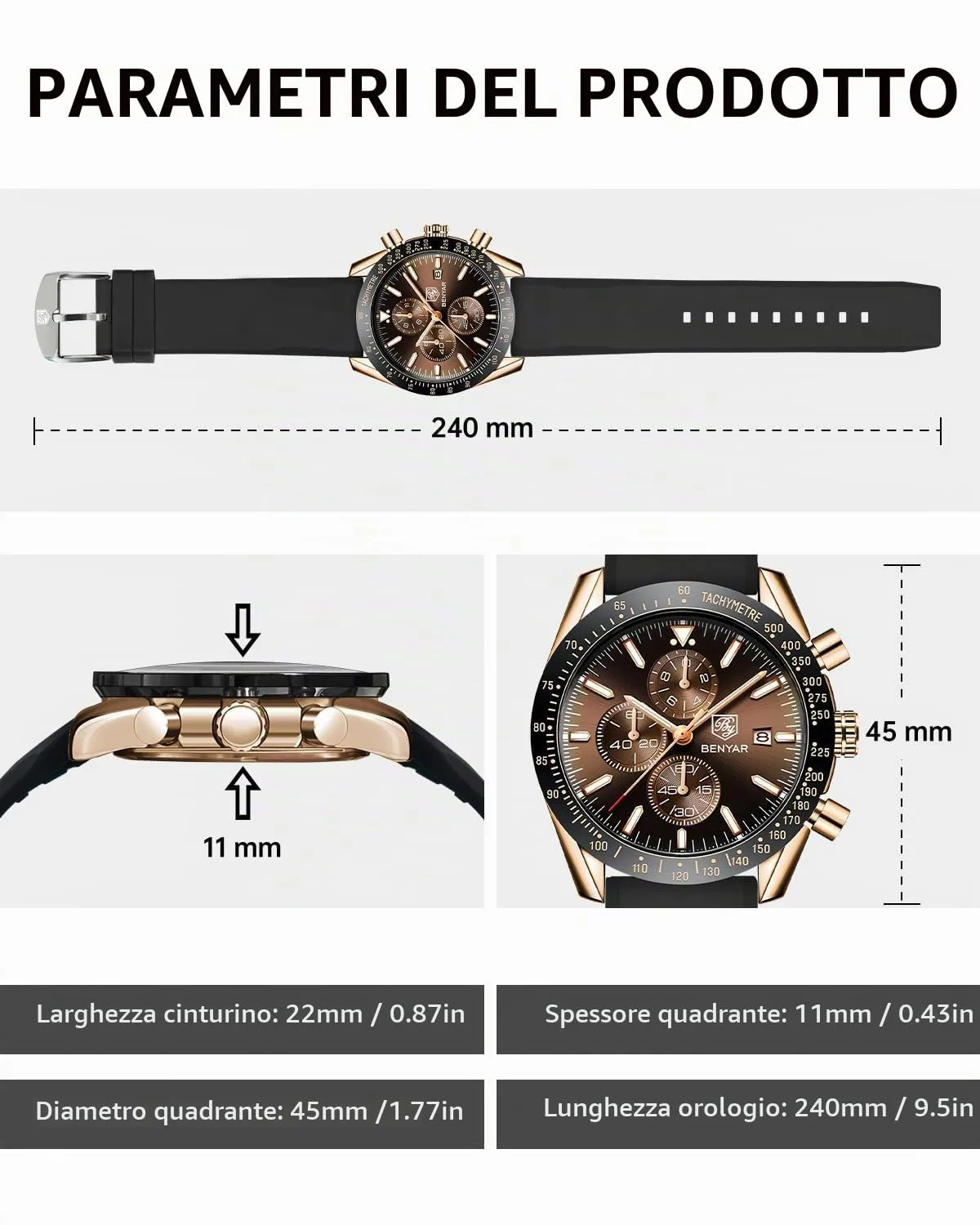 Benyar 5140 Orologio da Uomo Cronografo Analogico al Quarzo, Marrone Oro-2 - immagine 5