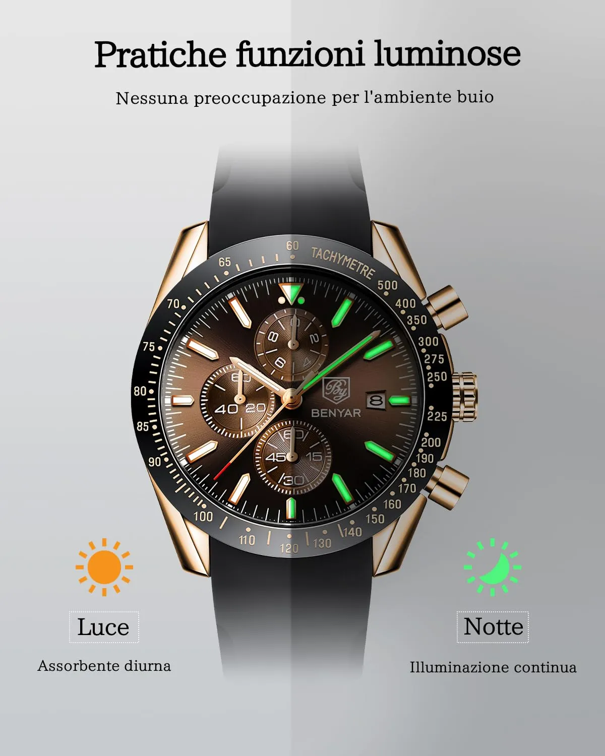 Benyar 5140 Orologio da Uomo Cronografo Analogico al Quarzo, Marrone Oro-2 - immagine 6