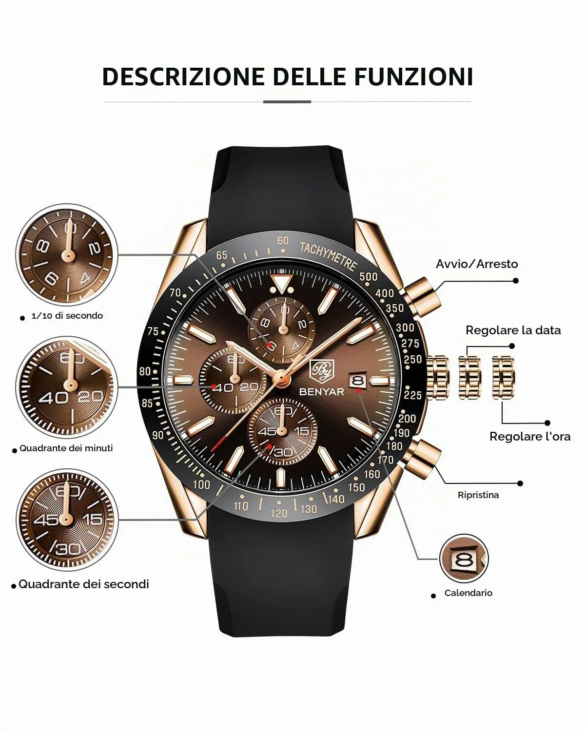 Benyar 5140 Orologio da Uomo Cronografo Analogico al Quarzo, Marrone Oro-2 - immagine 7