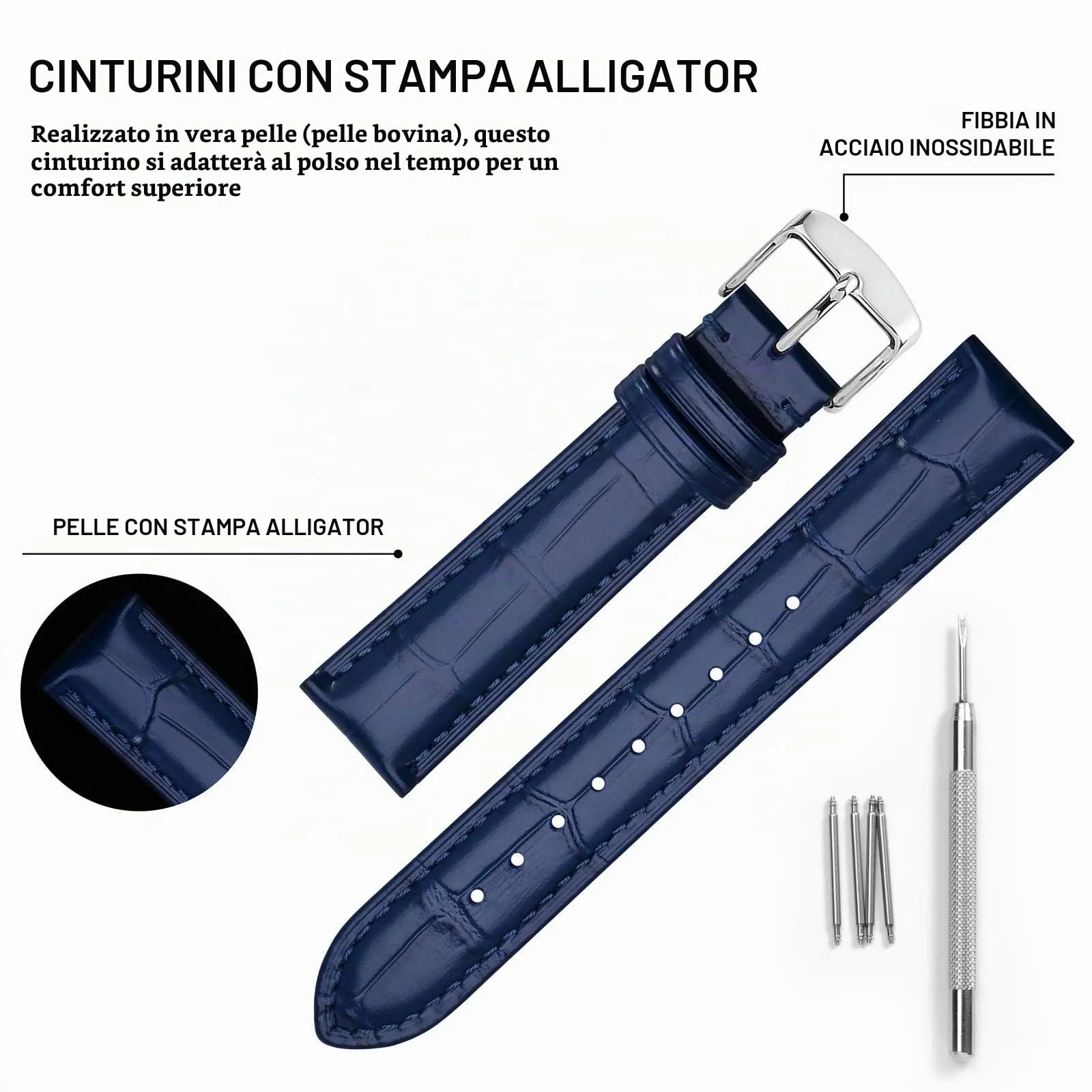 BISONSTRAP Cinturino per Orologi in Pelle Goffrata Alligatore 19mm, Blu con Fibbia Argento - immagine 4