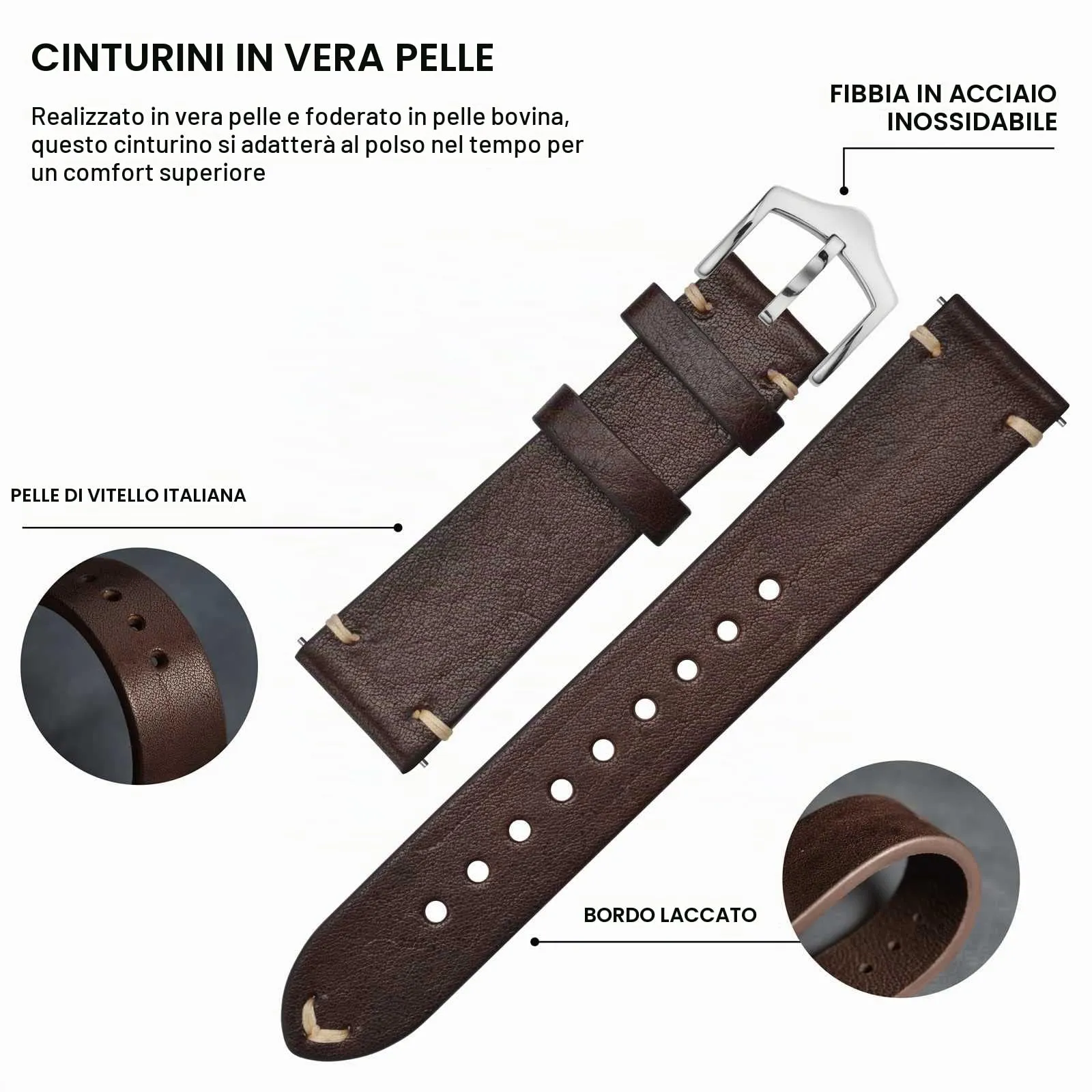 BISONSTRAP Cinturino in Pelle per Orologio da Uomo, Sgancio Rapido, 23mm, Marrone Caffè con Fibbia Argento - immagine 4