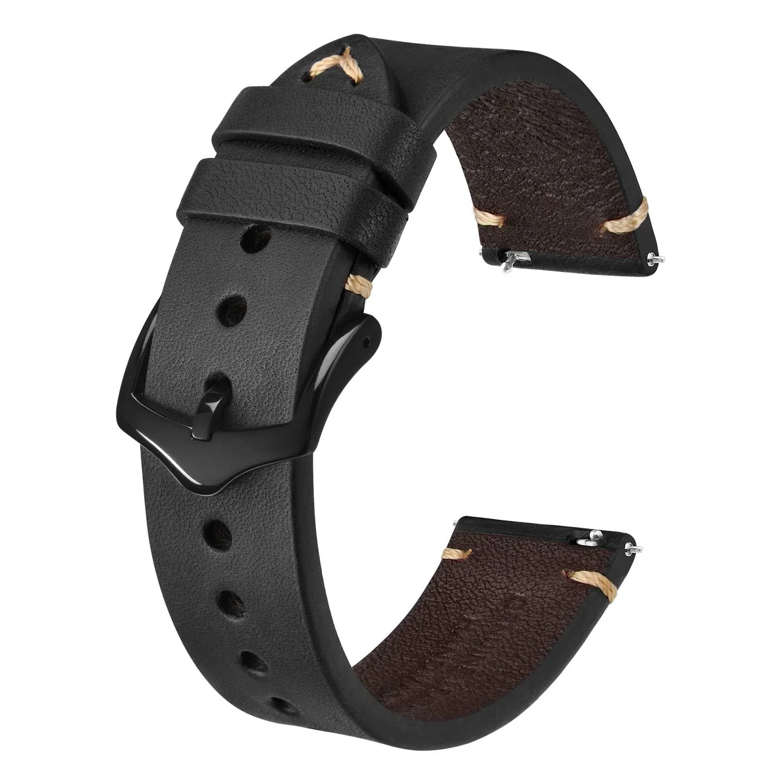 BISONSTRAP Cinturino in Pelle per Orologio Uomo, Sgancio Rapido, 24mm, Nero con Fibbia Nera - immagine 1