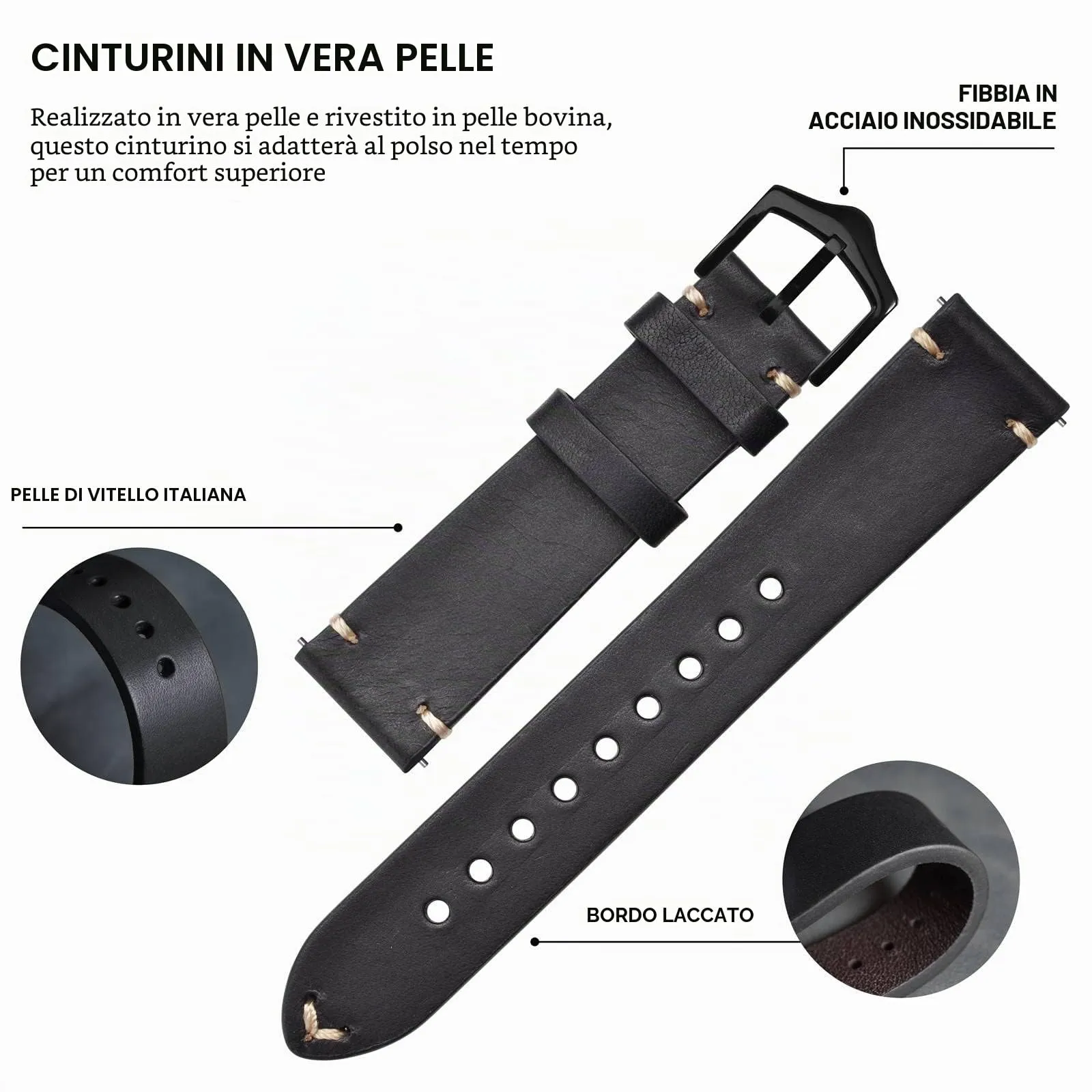 BISONSTRAP Cinturino in Pelle per Orologio Uomo, Sgancio Rapido, 24mm, Nero con Fibbia Nera - immagine 4