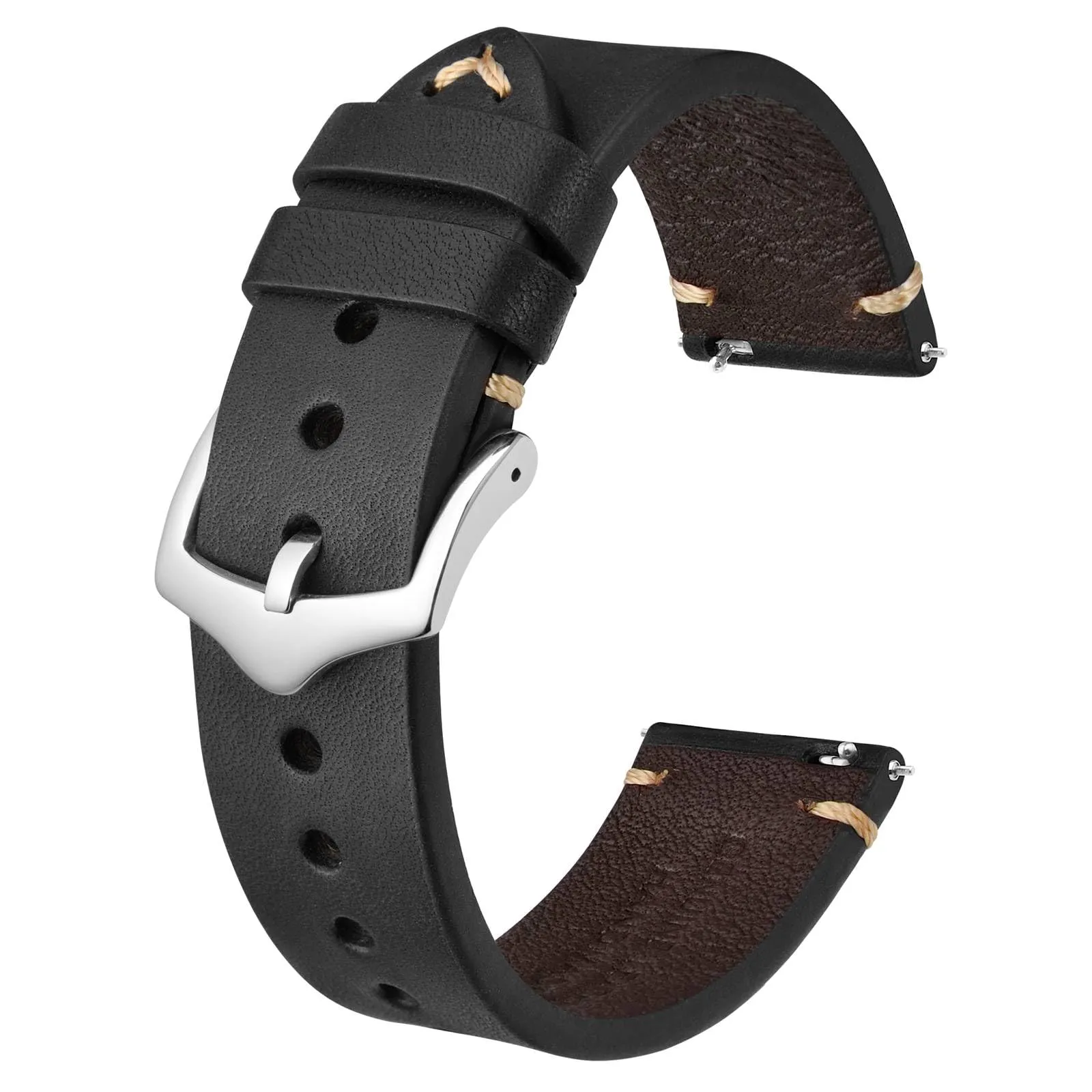 BISONSTRAP Cinturino in Pelle per Orologio da Uomo, Sgancio Rapido, 24mm, Nero con Fibbia Argento - immagine 1