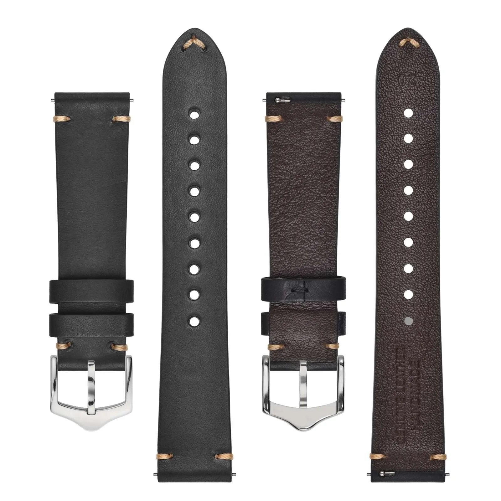 BISONSTRAP Cinturino in Pelle per Orologio da Uomo, Sgancio Rapido, 24mm, Nero con Fibbia Argento - immagine 3