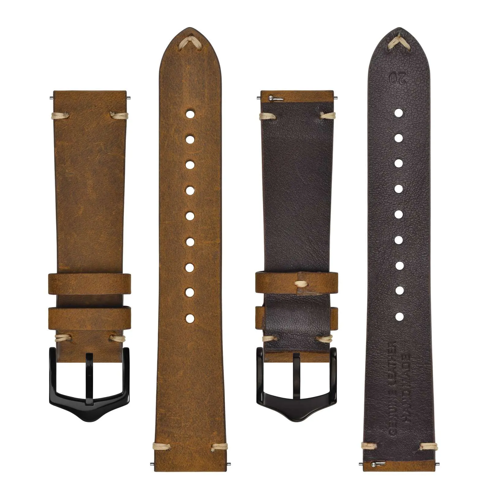 BISONSTRAP Cinturino in Pelle per Orologio da Uomo, Sgancio Rapido, 24mm, Marrone Sella con Fibbia Nera - immagine 3